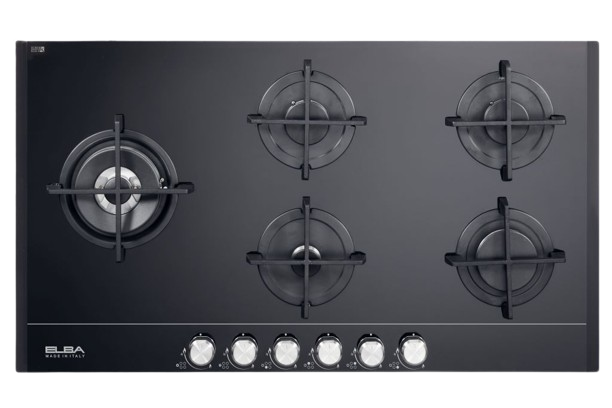 Elba Elio 90Cm 5 Burner Gas On Glass Hob With Dualburner Black