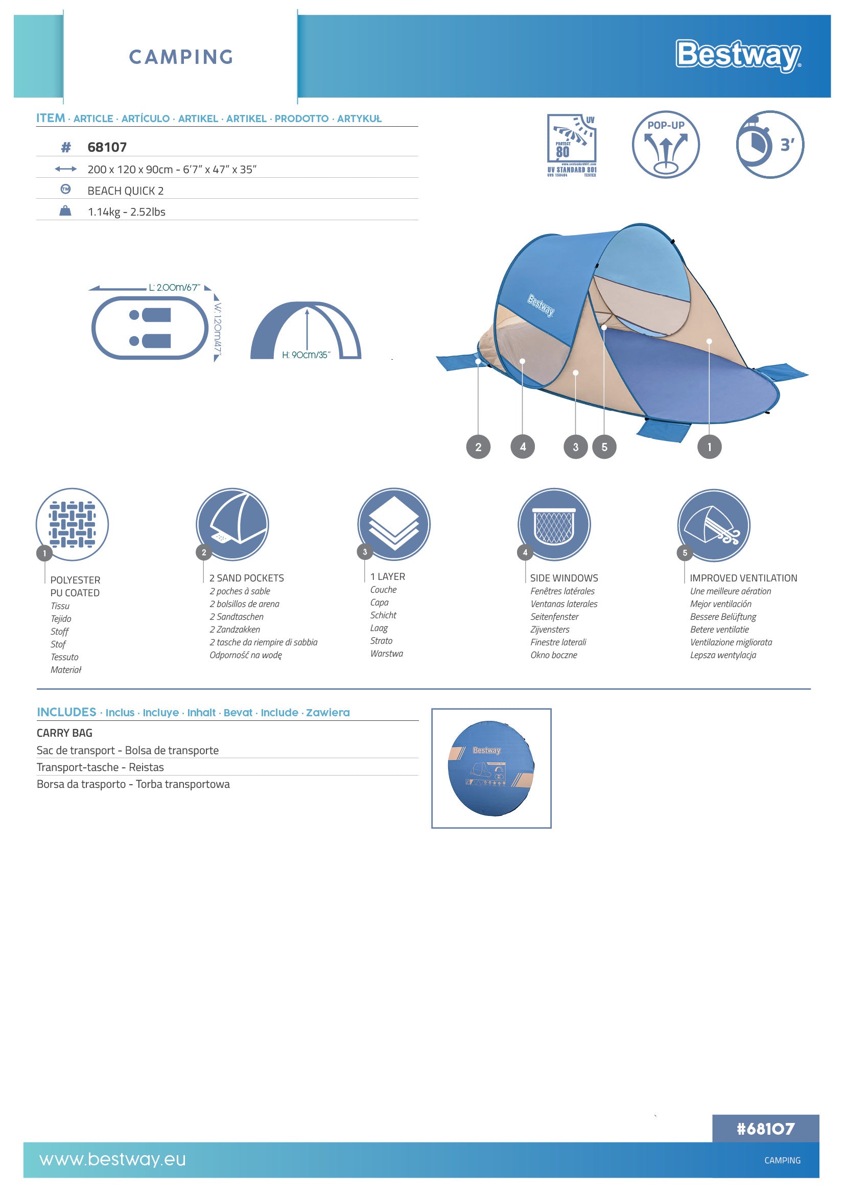 Pavillo 2.00 M X 1.20 M X 90 Cm Beach Quick 2 Tent - Livestainable.co.za