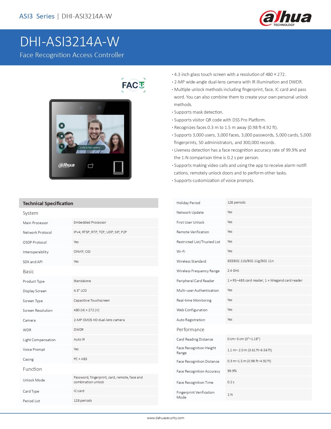 Dahua 4.3 Indoor Facial Recognition Biometric Tric A/Control