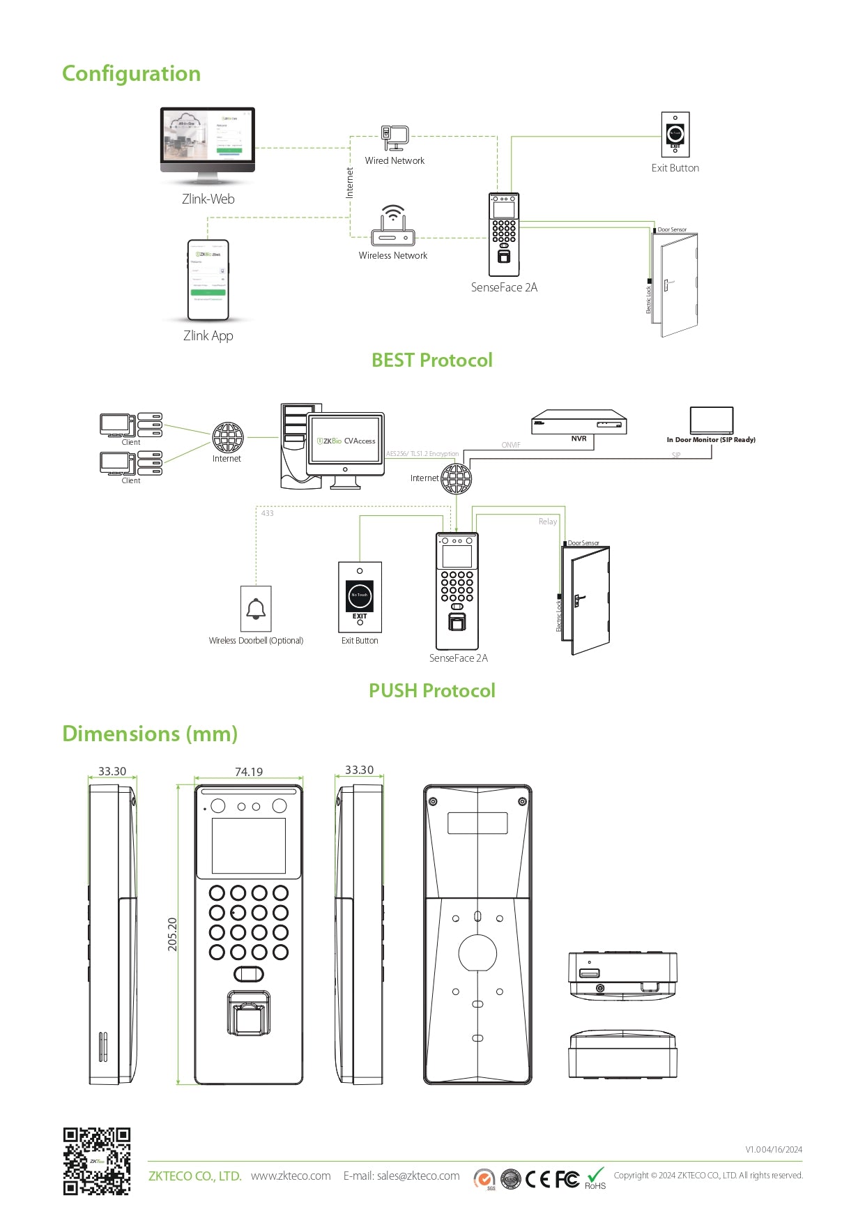 ZK Senseface-2A Indoor Face/Bio With A/C 3000
