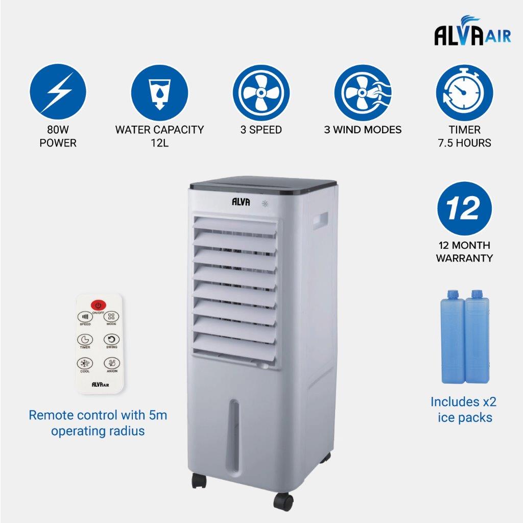 12 L Evaporative Air Cooler | Remote Control | Timer | Fan | Humidifier | Air Purifier