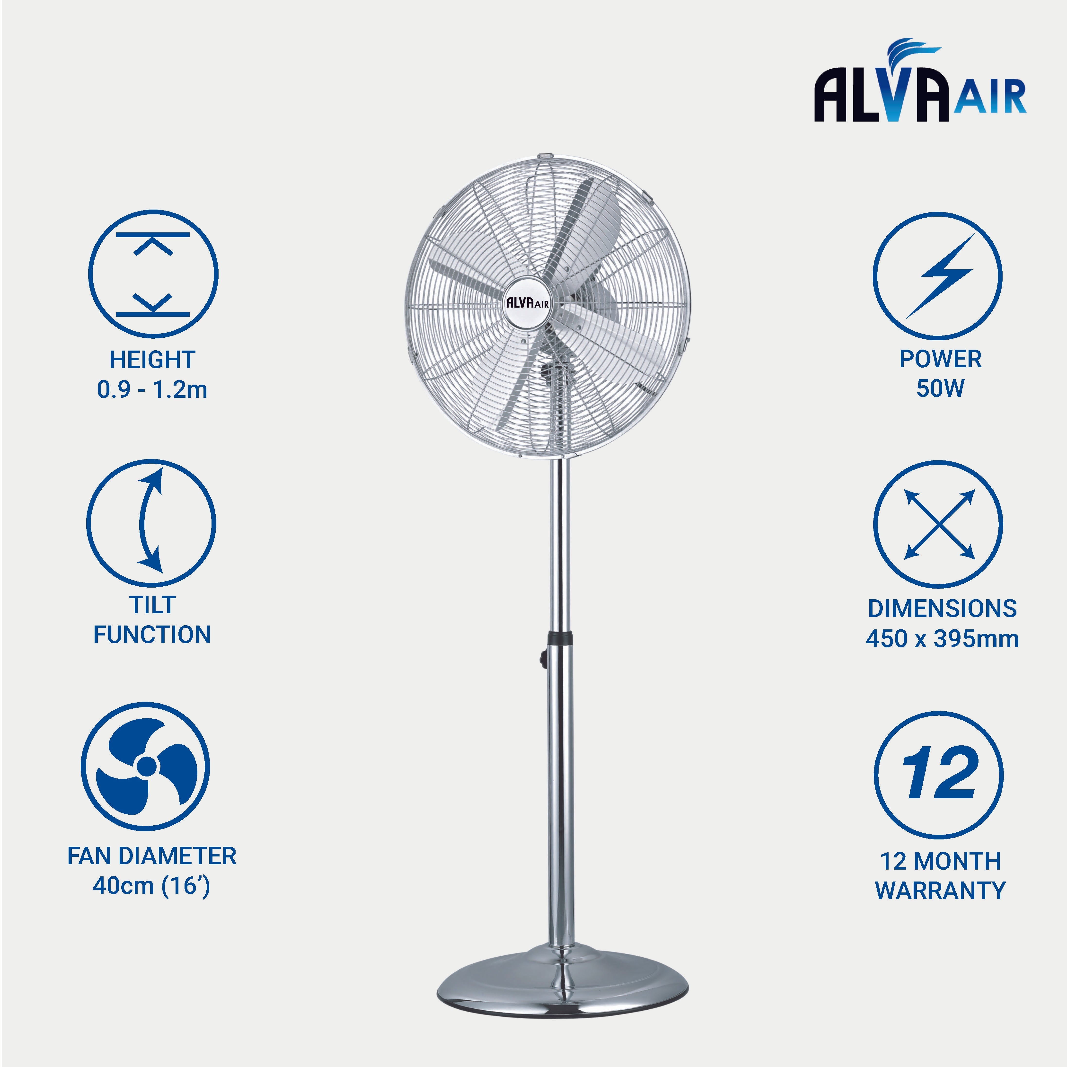 40cm Chrome Telescopic Pedestal Fan 1.2 M Tall (Silver)