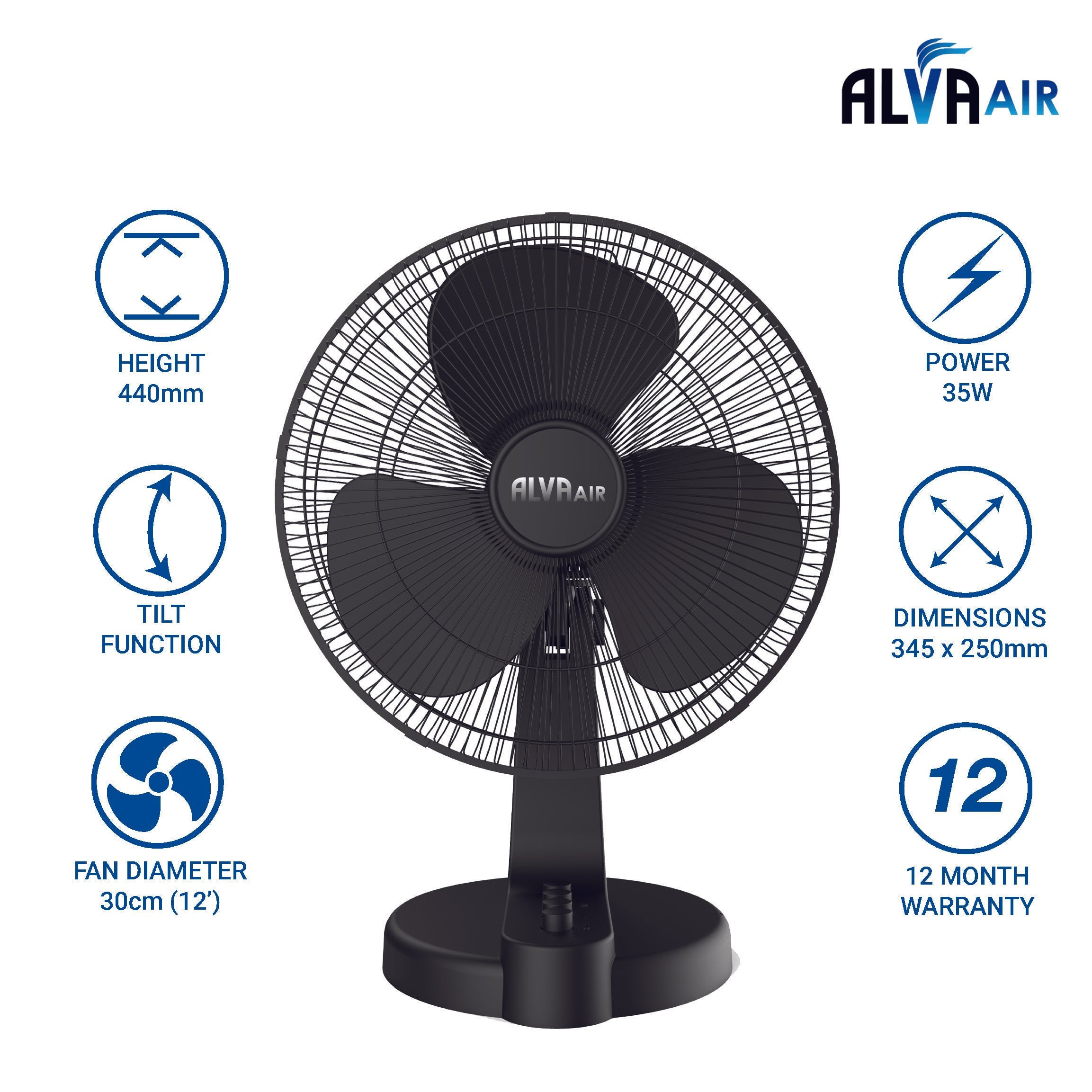 30cm Plastic Desk Fan (Black)