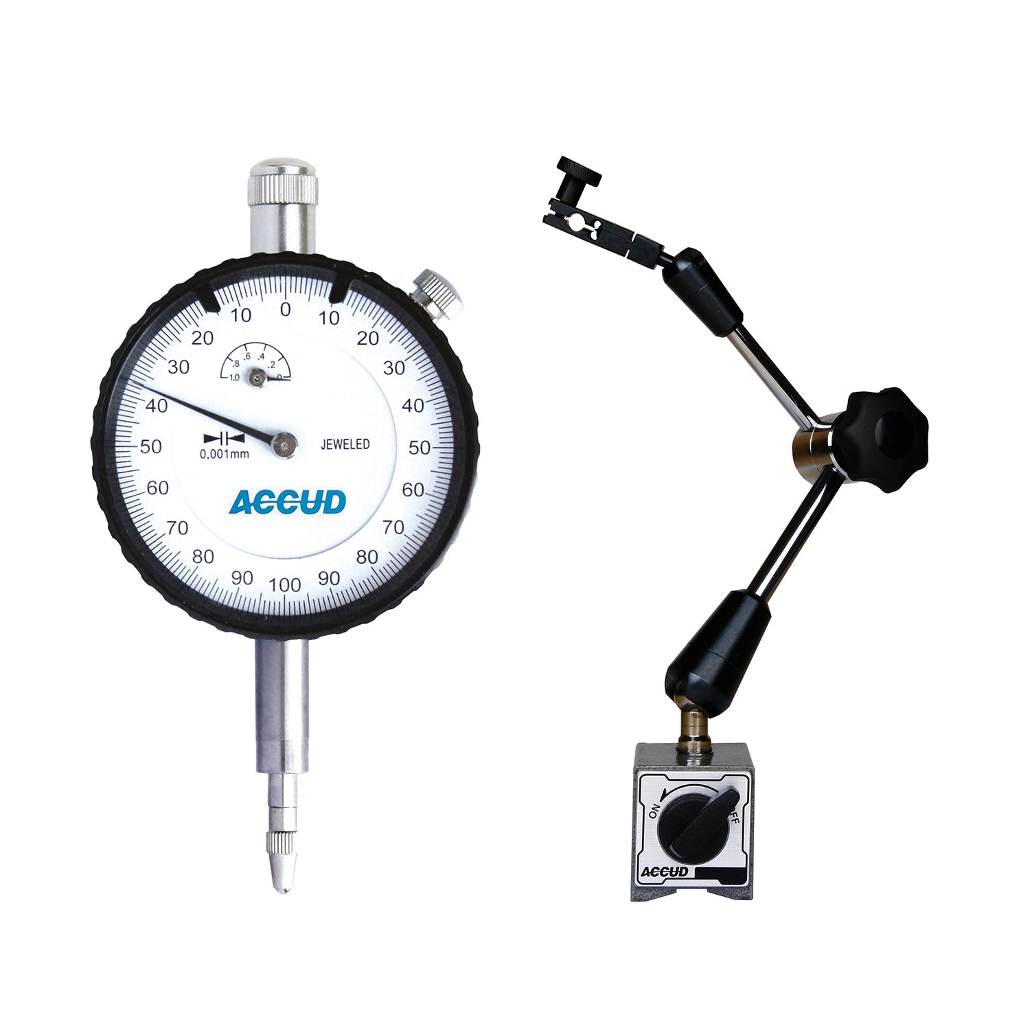 Accud Universal Magnetic Stand 80 Kgf With Dial Indicator 10 Mm 0.01 Mm Grad.