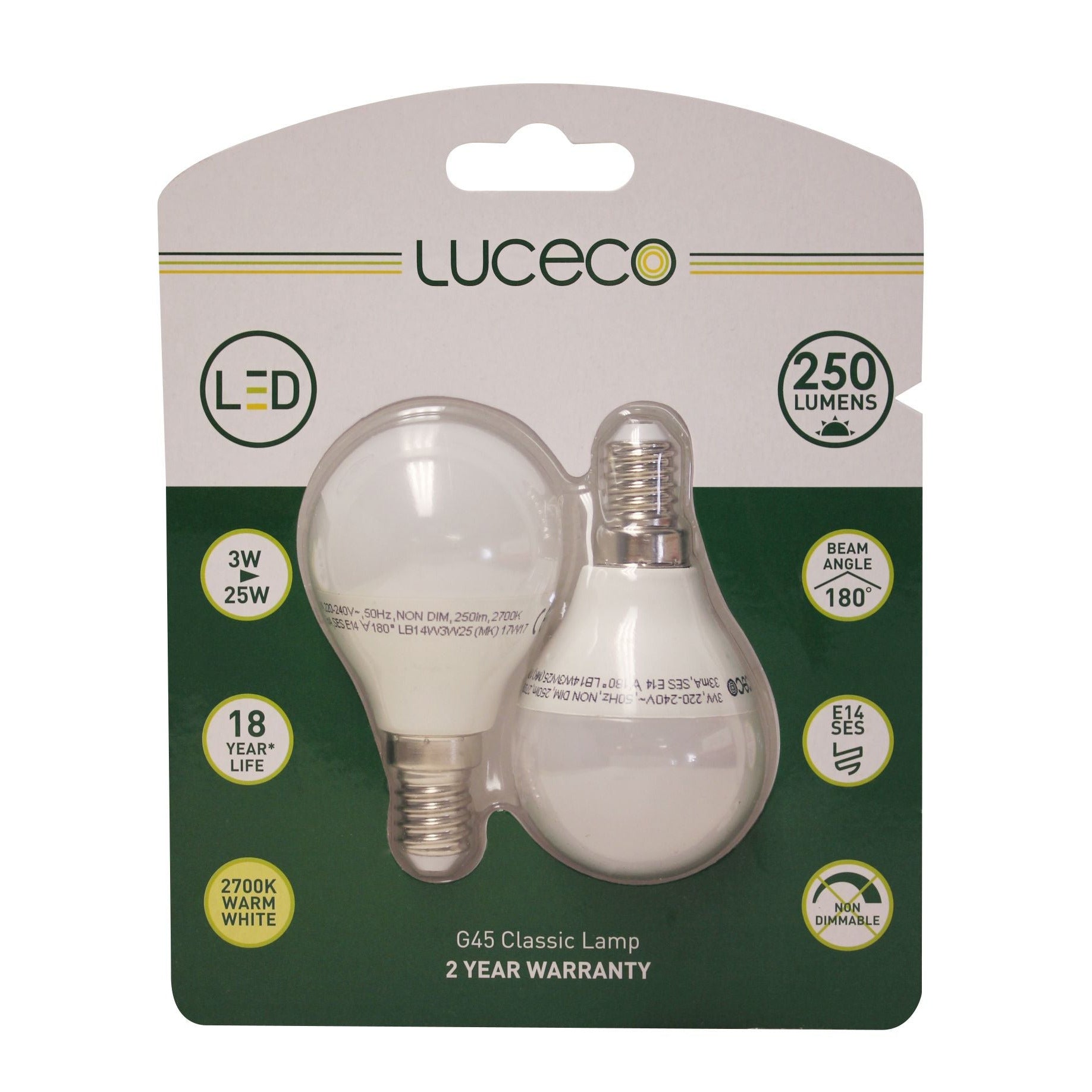 B45 Mini Globe, 2 Pk, E14, 3 W, Warm White, Non Dim Led Globe