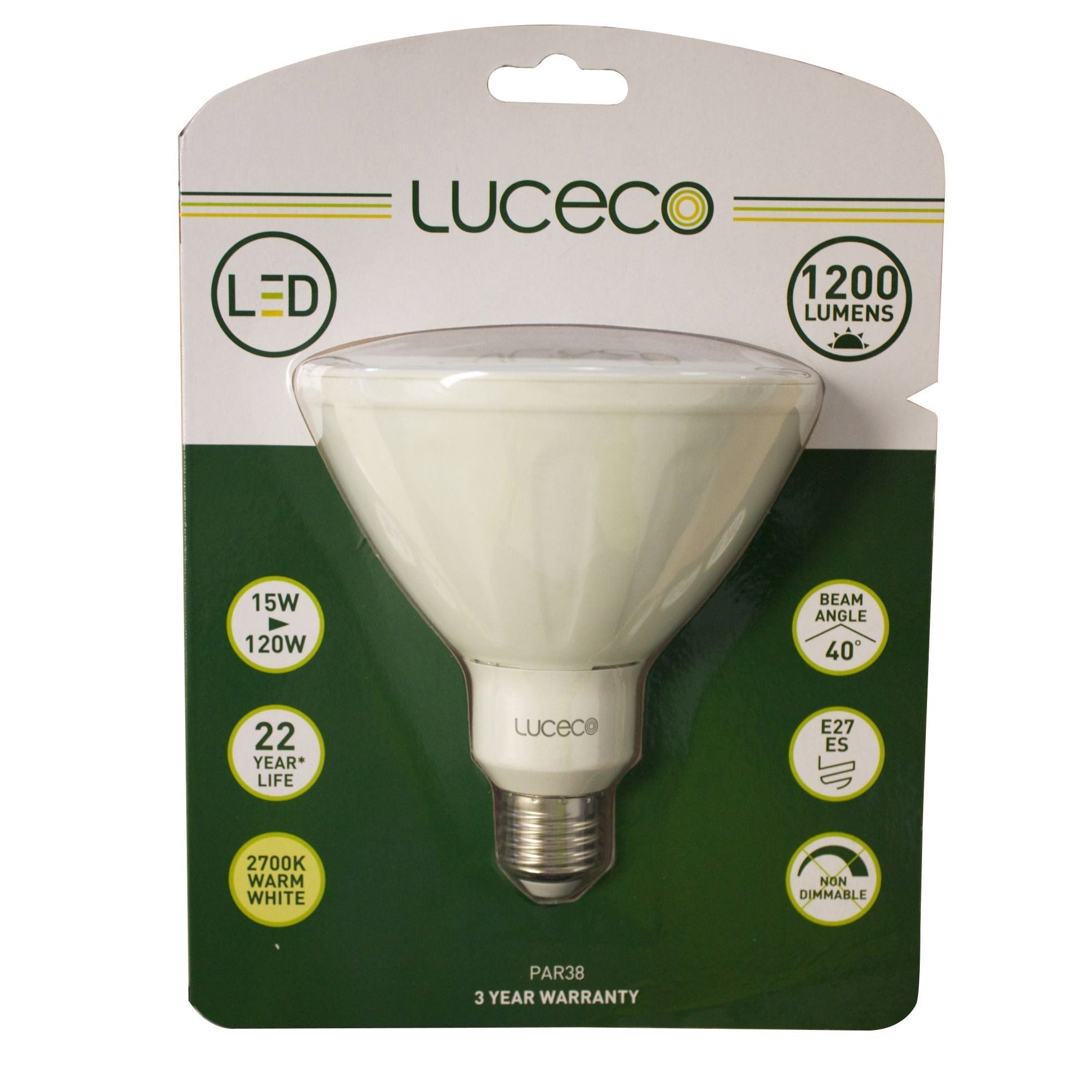 Par 38, 1 Pc E27, 15 W, 1200 Lm, Warm White, Non Dim Led Globe