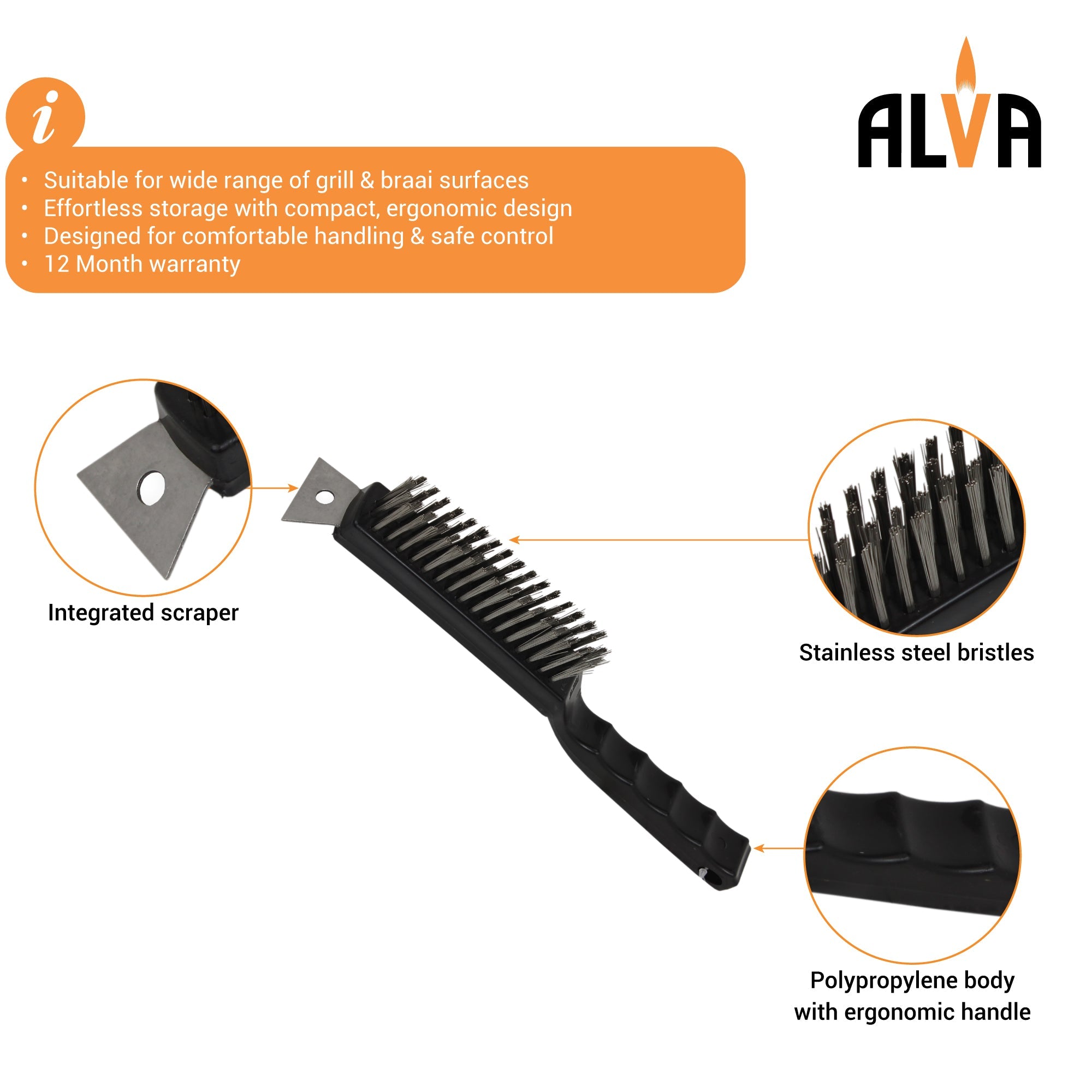 Grill Brush With Stainless Steel Bristles And Scraper