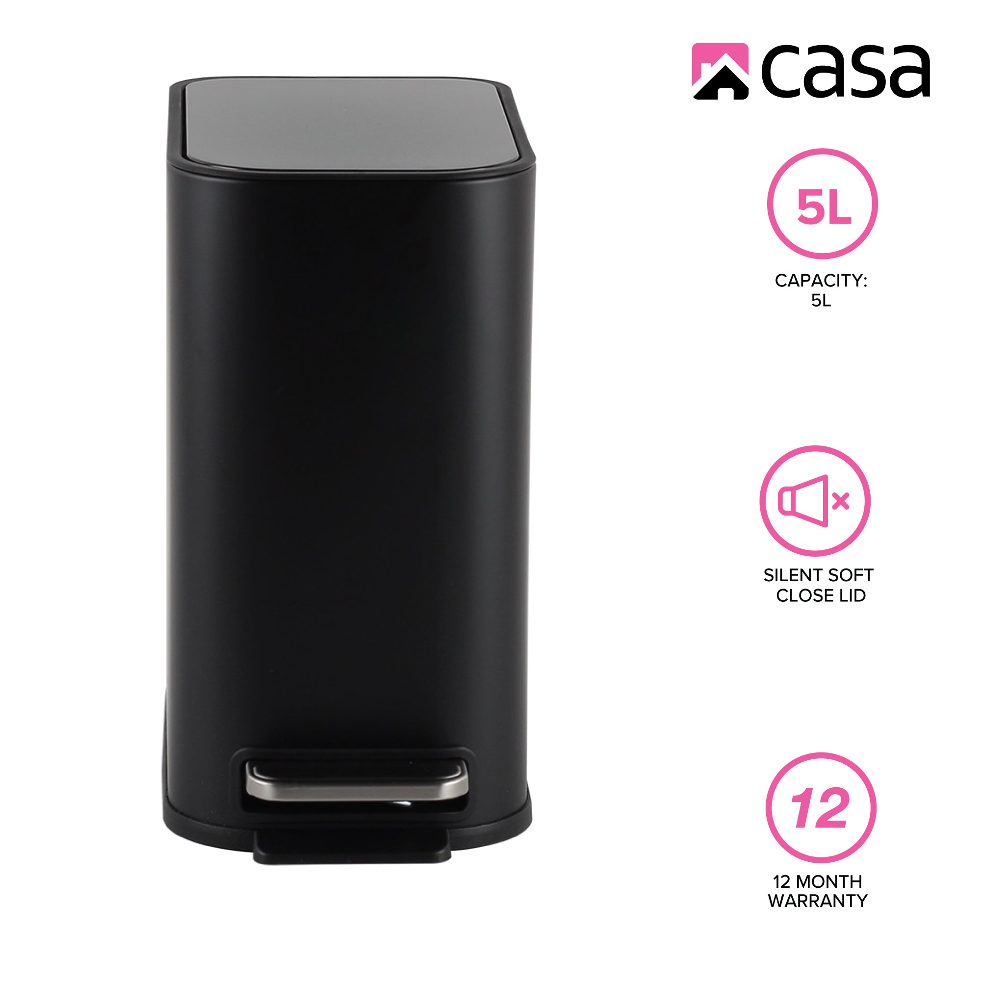 5 L Slimline Rectangle Steel Pedal Bin Matte Black Trento