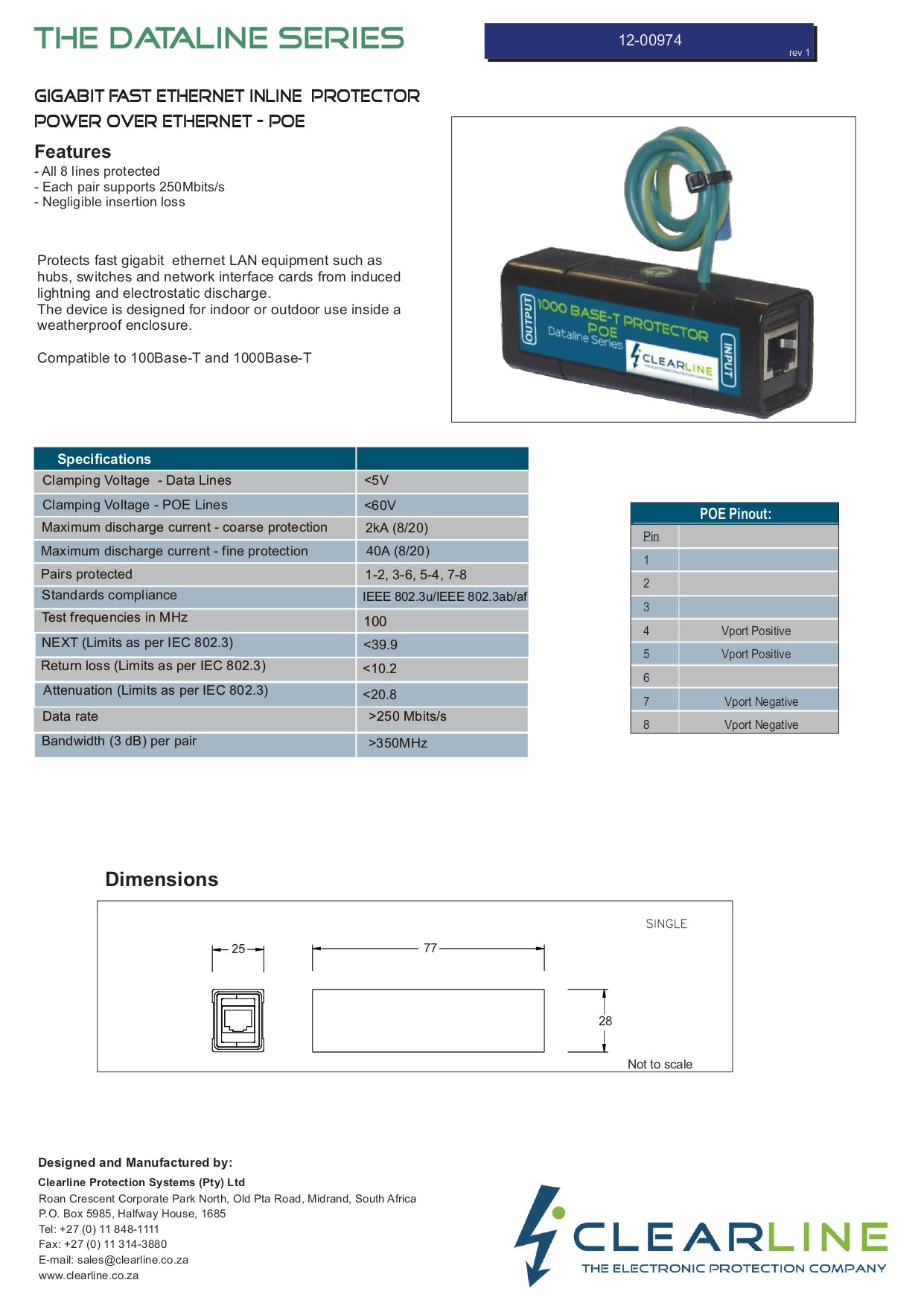 Clearline Single 1000 Base & POE Surge Protector - IP