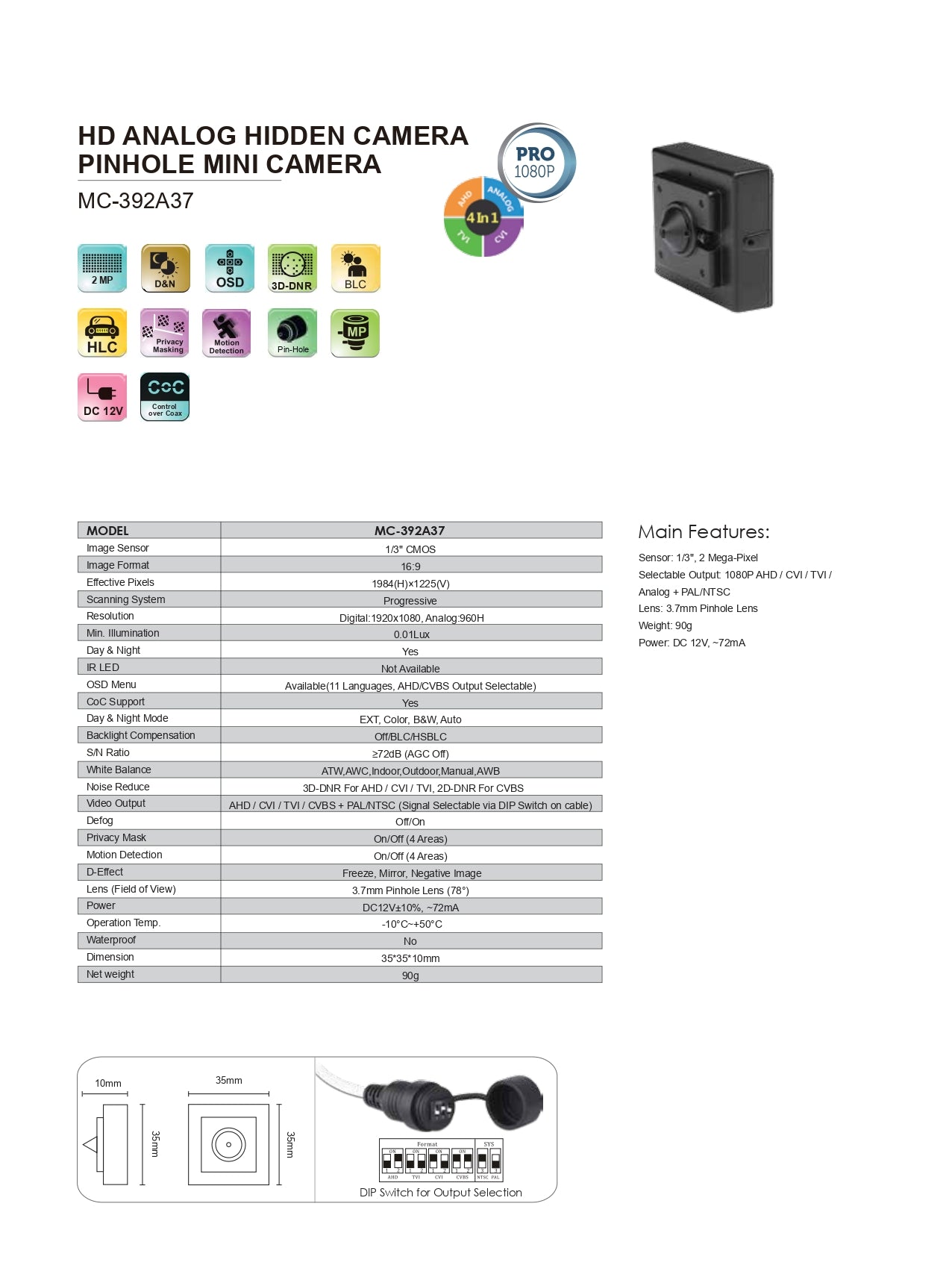 Provission Hidden Pro Fix Lens Mini 3.7MM 2MP 4in1
