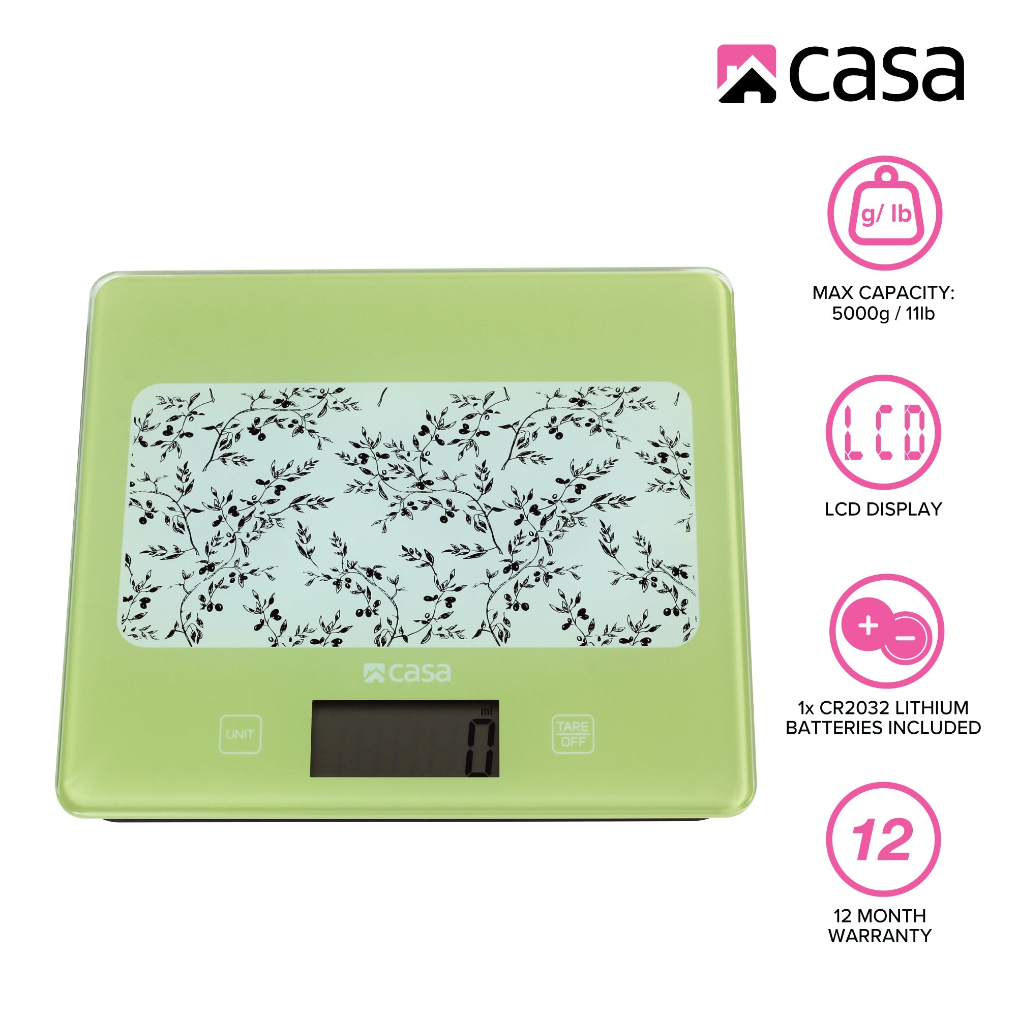 Green digital kitchen scale with floral design on a gray background
