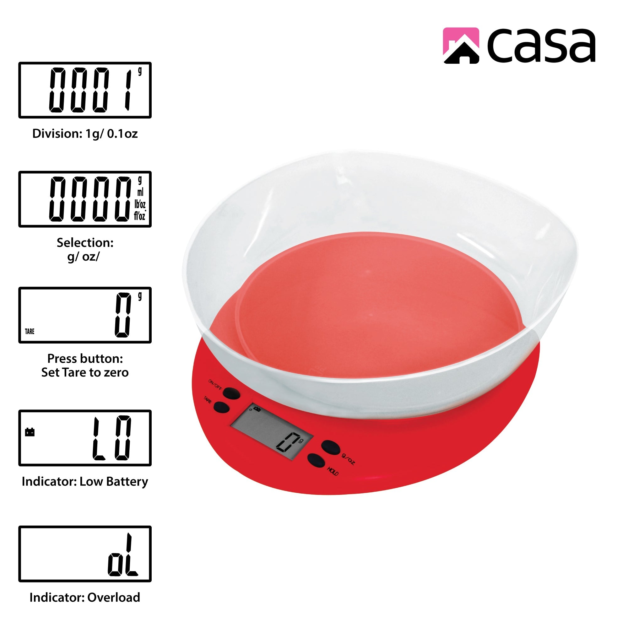 Kitchen Digital Scale Red With Clear Plastic Bowl