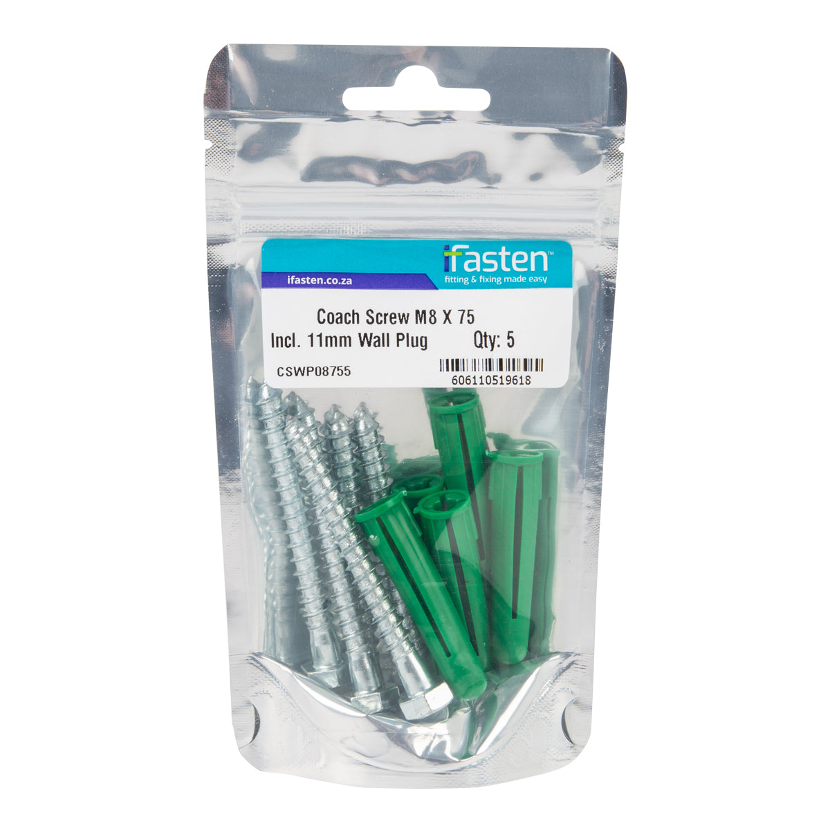 Ifasten Coach Screw M8 X75 Mm & Wall Plug Green 5 Pp