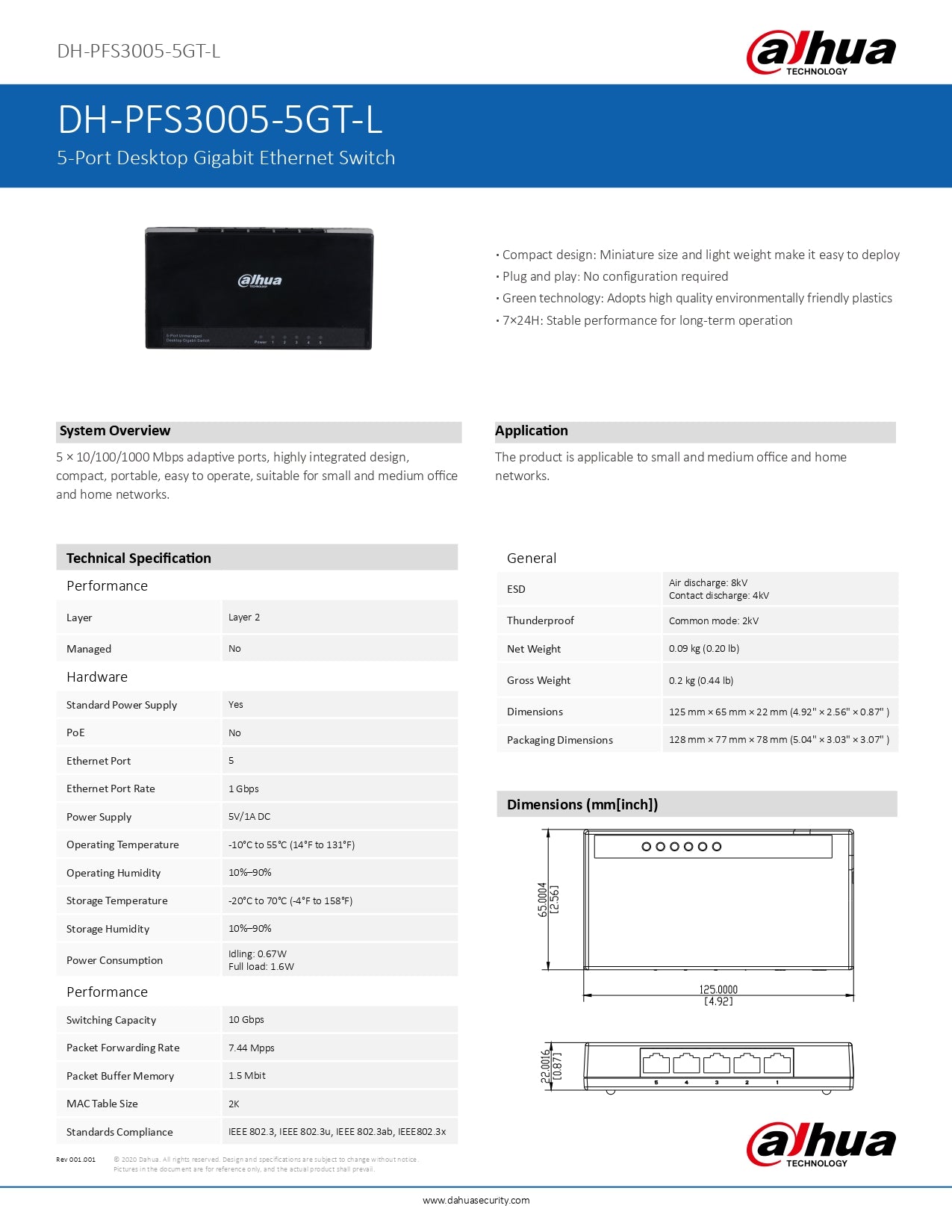 Dahua Gigabit Switch 5 Port Ethernet