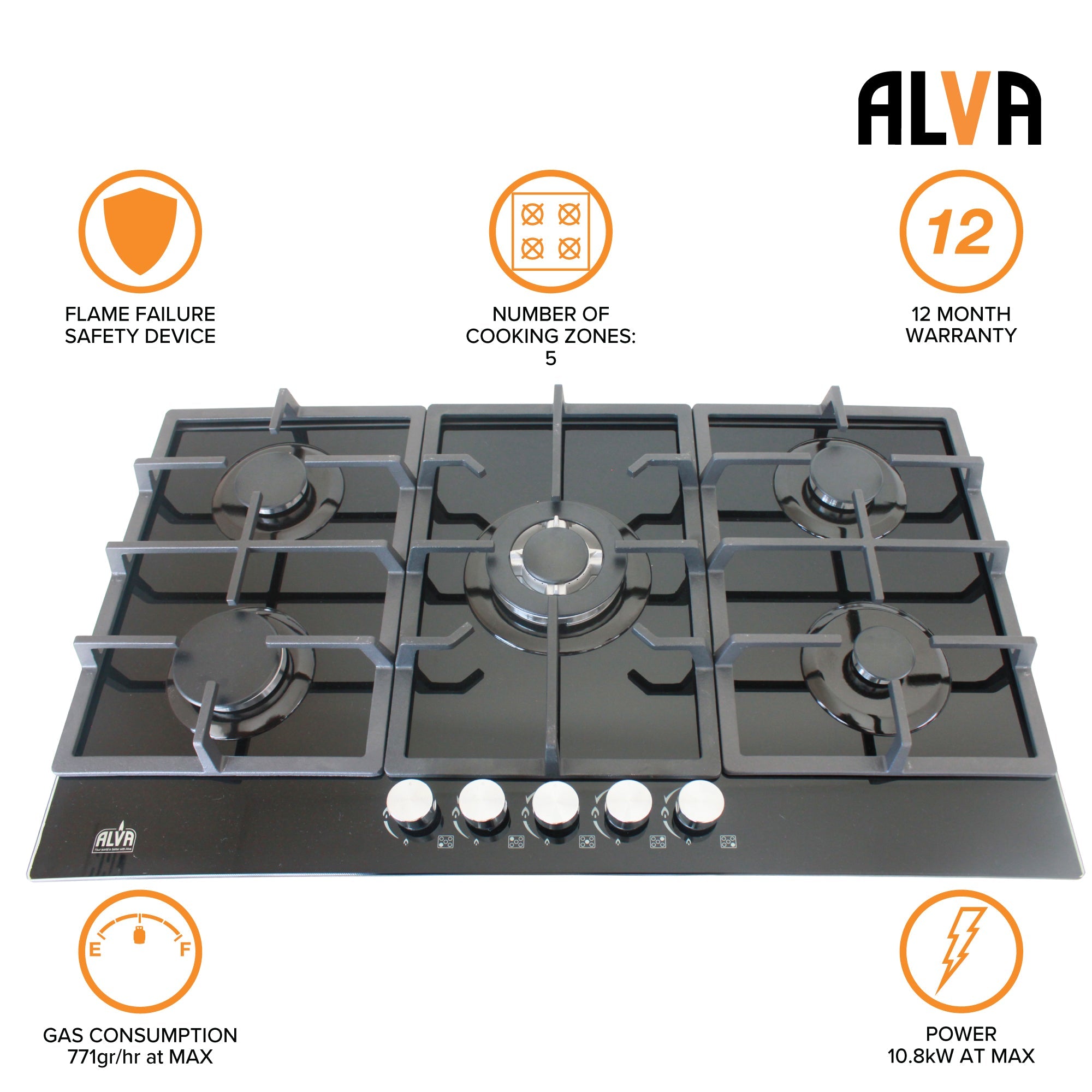 90cm 5 Burner Gas Hob Glass Top