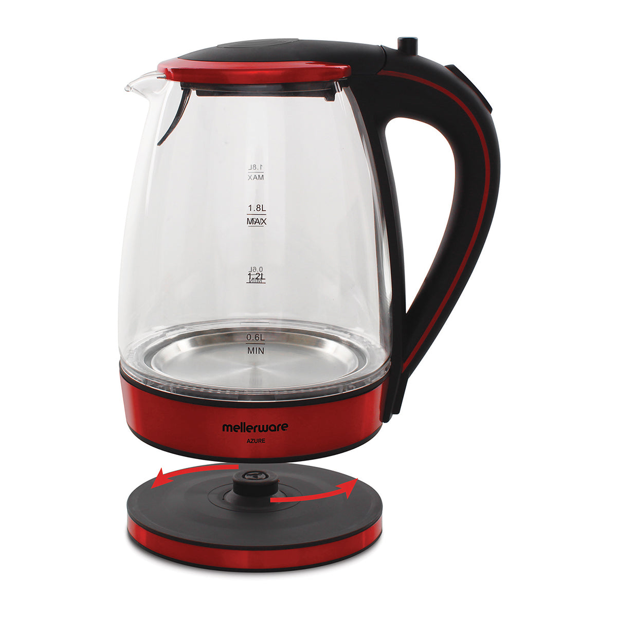 Mellerware Kettle Glass 1.8 L 2200 W 360 D Cordl Red