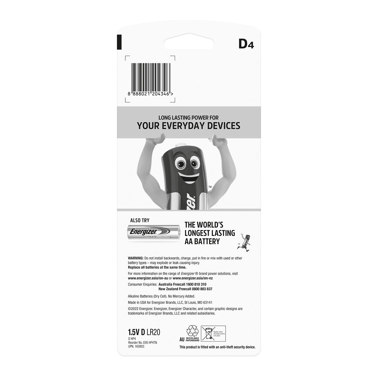 Energizer Battery Max D 4 Pack