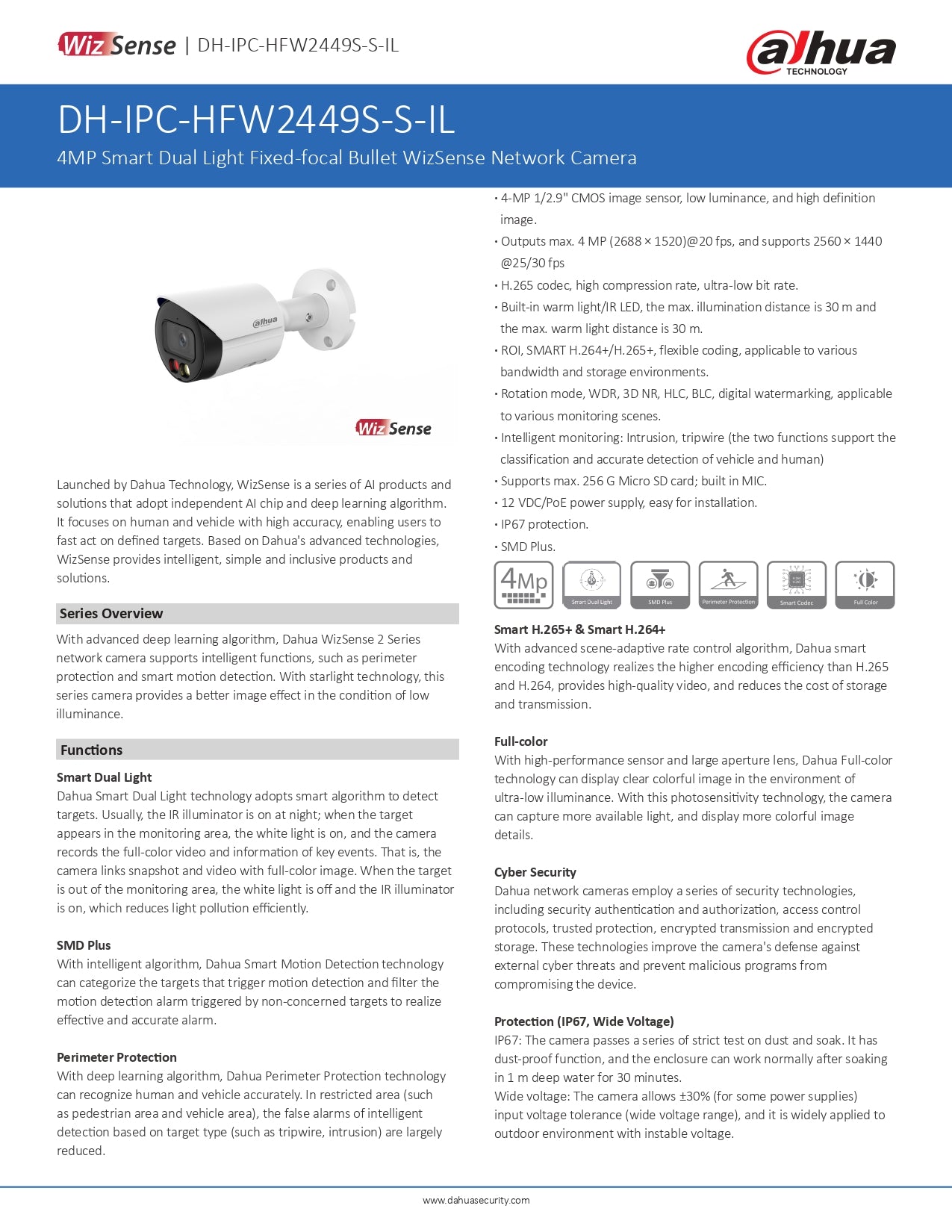 Dahua Cylindrical 4MP 3.6MM LENS 30M IR/LED POE SD SLOT VCA W/Built in Mic