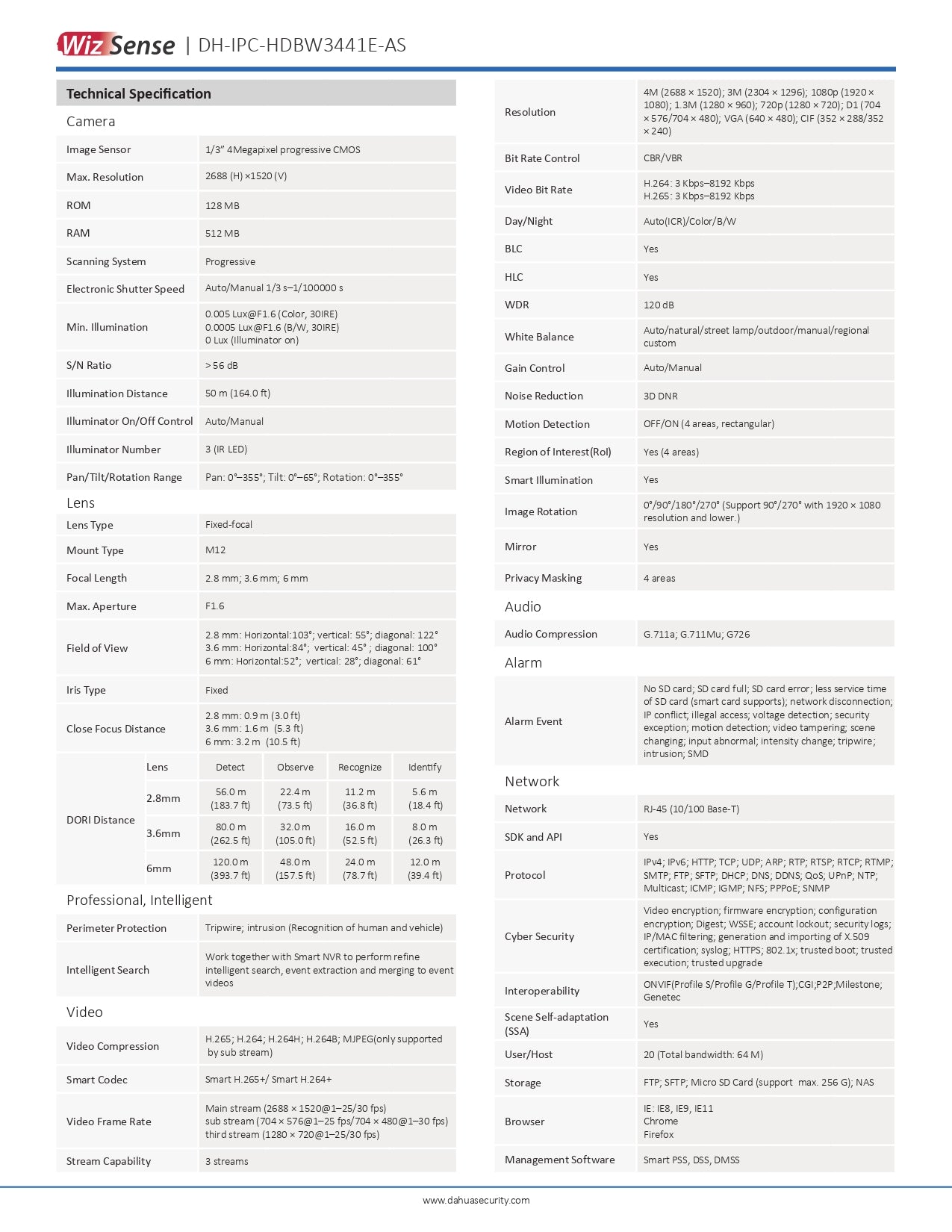 Dahua Wedge Dome 4MP 3.6MM Lens 50M IR POE SD Slot VCA W/Audio