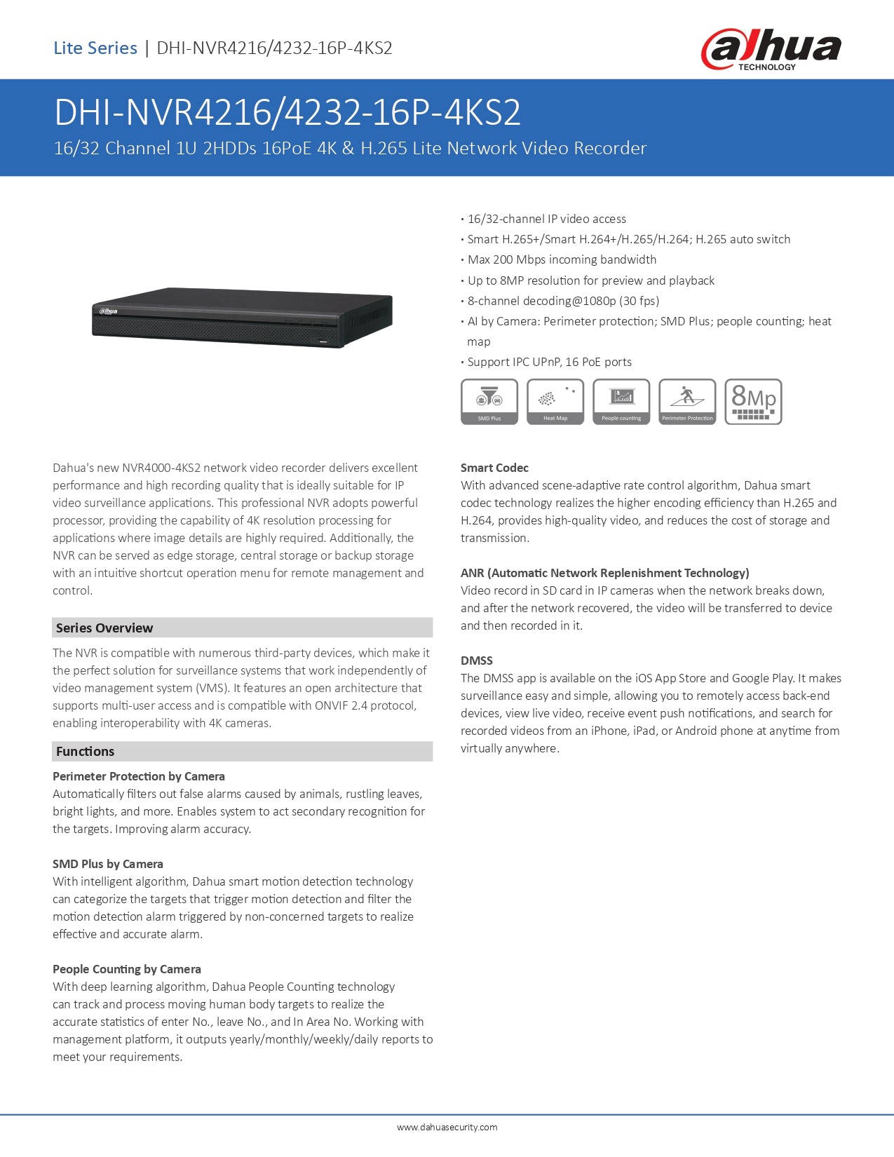 Dahua 16CH NVR 160MBPS 2 SATA Slots 16CH POE Excl HDD Lite