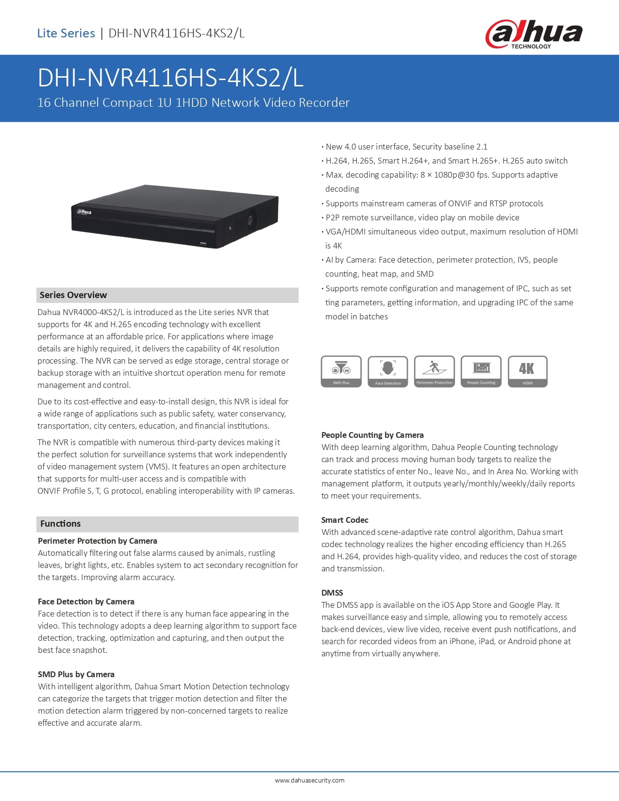Dahua 16CH NVR 160MBPS 2 SATA Slots POE Excl HDD Lite