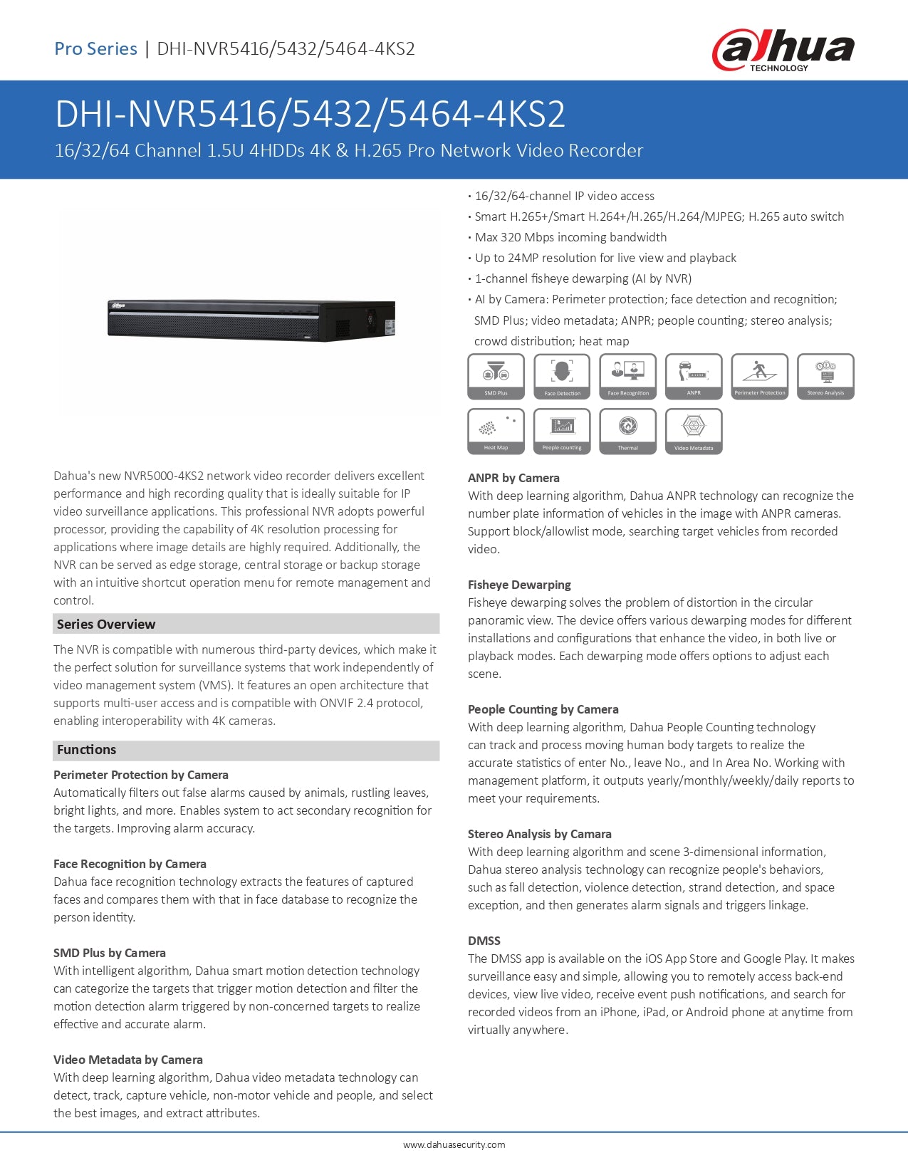 Dahua 64CH NVR 384MBPS 4 SATA Slots 64CH Excl HDD Wizsense