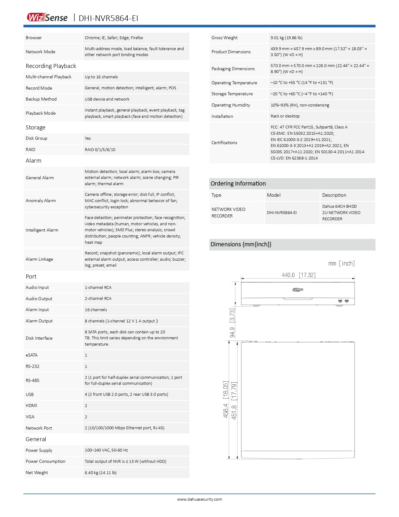 Dahua 64CH NVR 384MBPS 8 SATA Slots 64CH Excl HDD Wizsense