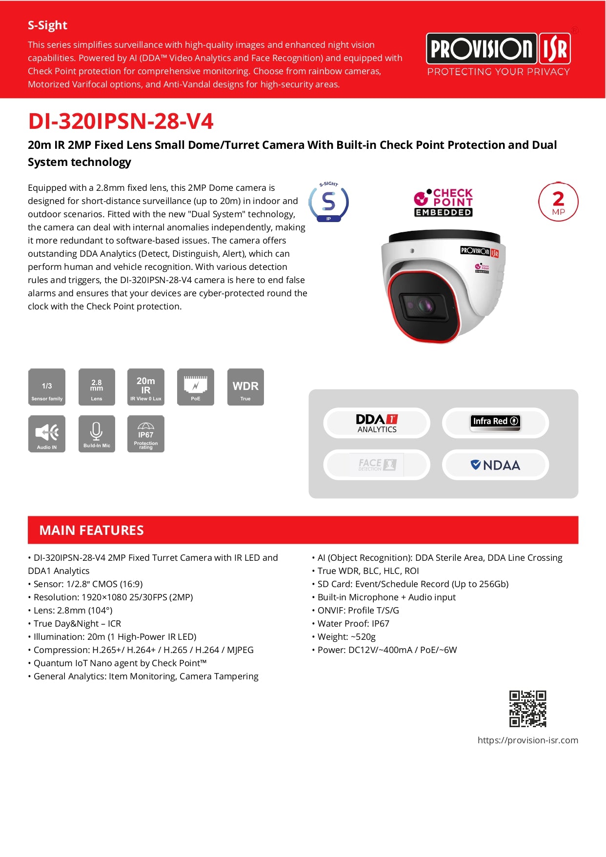 Provision Dome 2.8MM 2MP 20M IR 1 LED POE Built in Mic