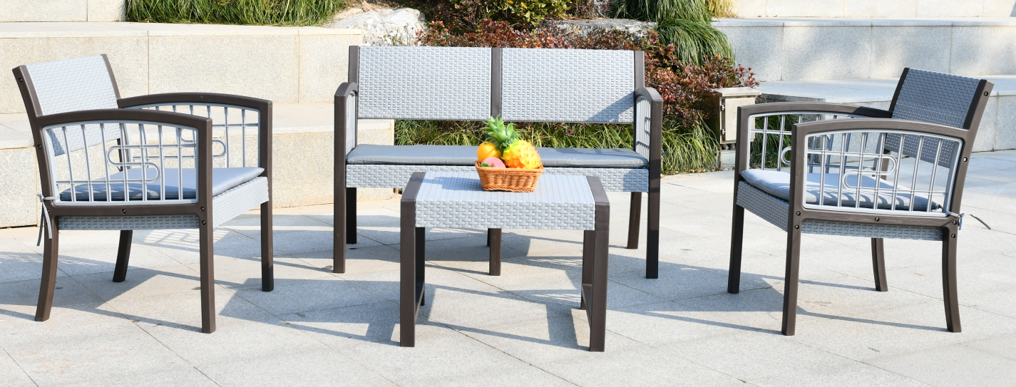 Seagull Ancona 4 Seater Set Flat Artificial Rattan Weave
Two Seater Size: 112*60*76cm One Seater Size 58*60*76cm Coffee Table: 58*51*42cm
Cushions: 2cm Thickness In Dark Grey