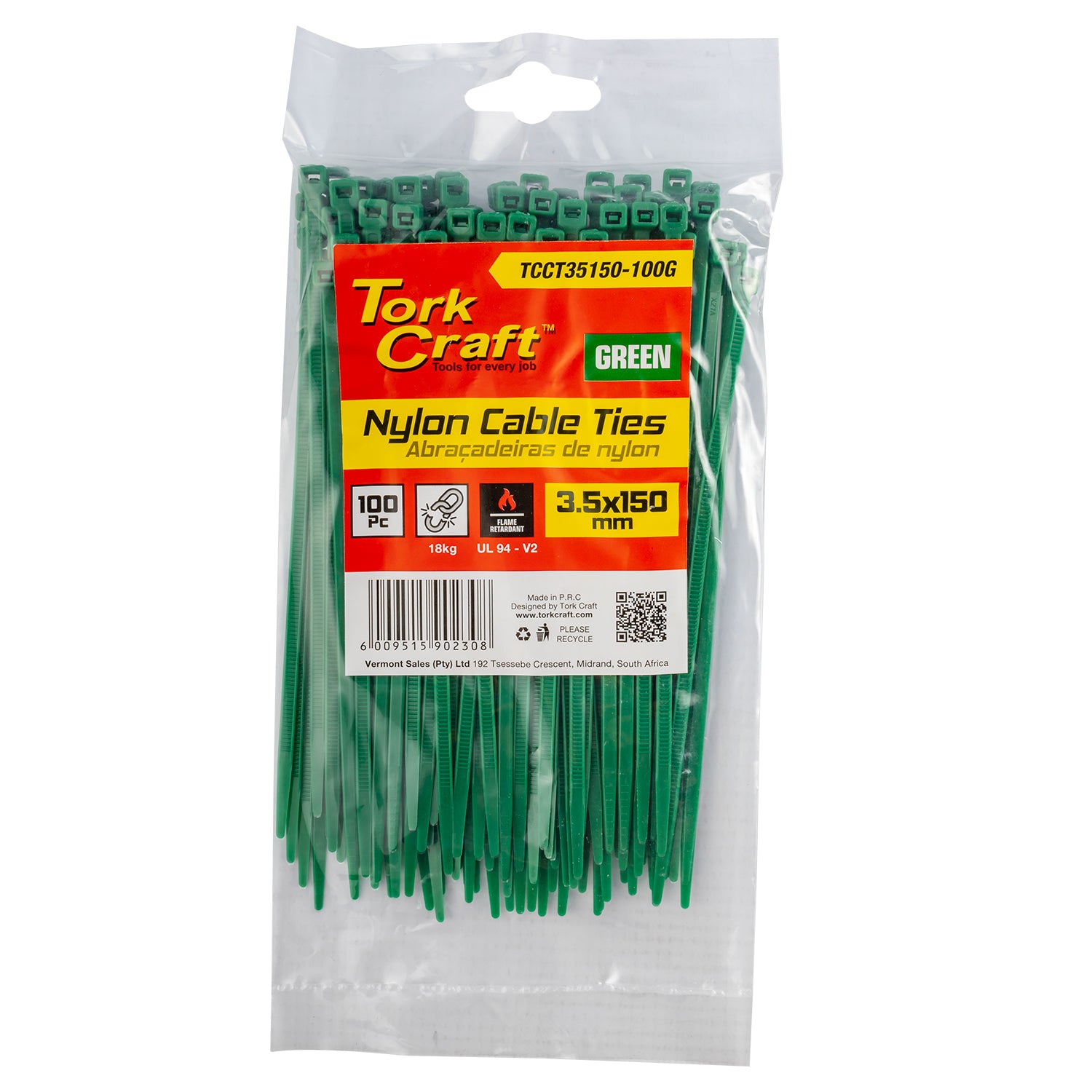 Tork Craft Nylon Cable Ties 3.5 Mm X 150 Mm Green 100 Pc
