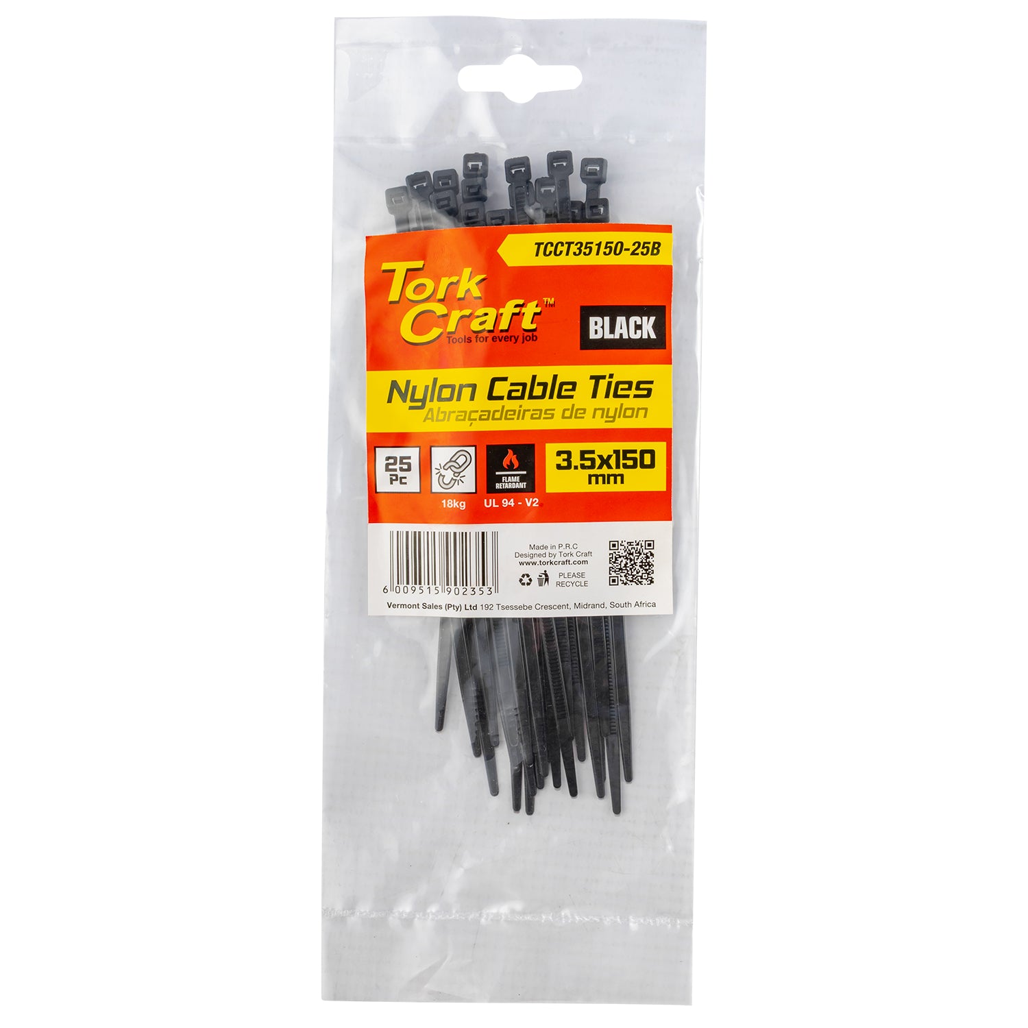 Tork Craft Nylon Cable Ties 3.5 Mm X 150 Mm Black 25 Pc