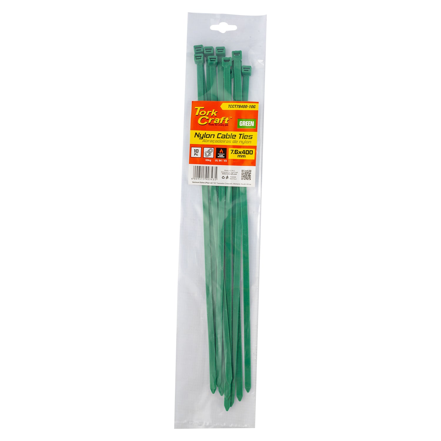 Tork Craft Nylon Cable Ties 7.6 Mm X 400 Mm Green 10 Pc