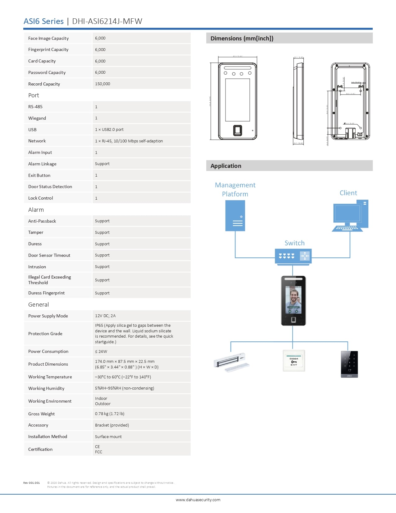 Dahua 4.3 Indoor Facial Recognition Biometric Tric A/Control