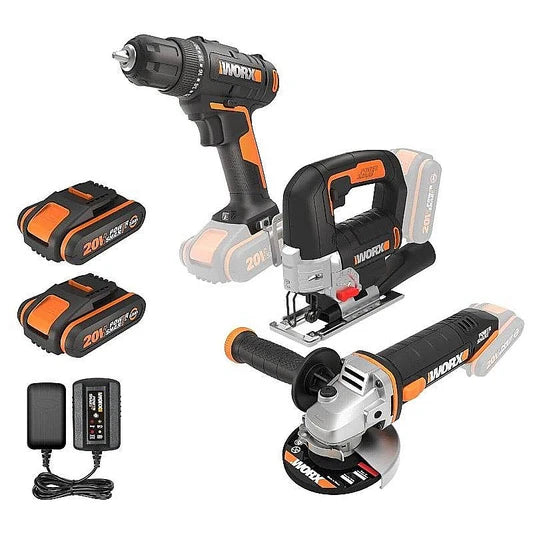 WORX Screwdriver+ Jigsaw + Angle Grinder + 2 x 2A.h Batteries + Charger