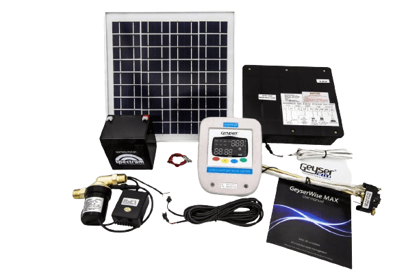 Geyserwise Max 12V Kit – Geyserwise Max with 12V Aluminium Pump and 10w Panel With Backup Battery - Livestainable.co.za