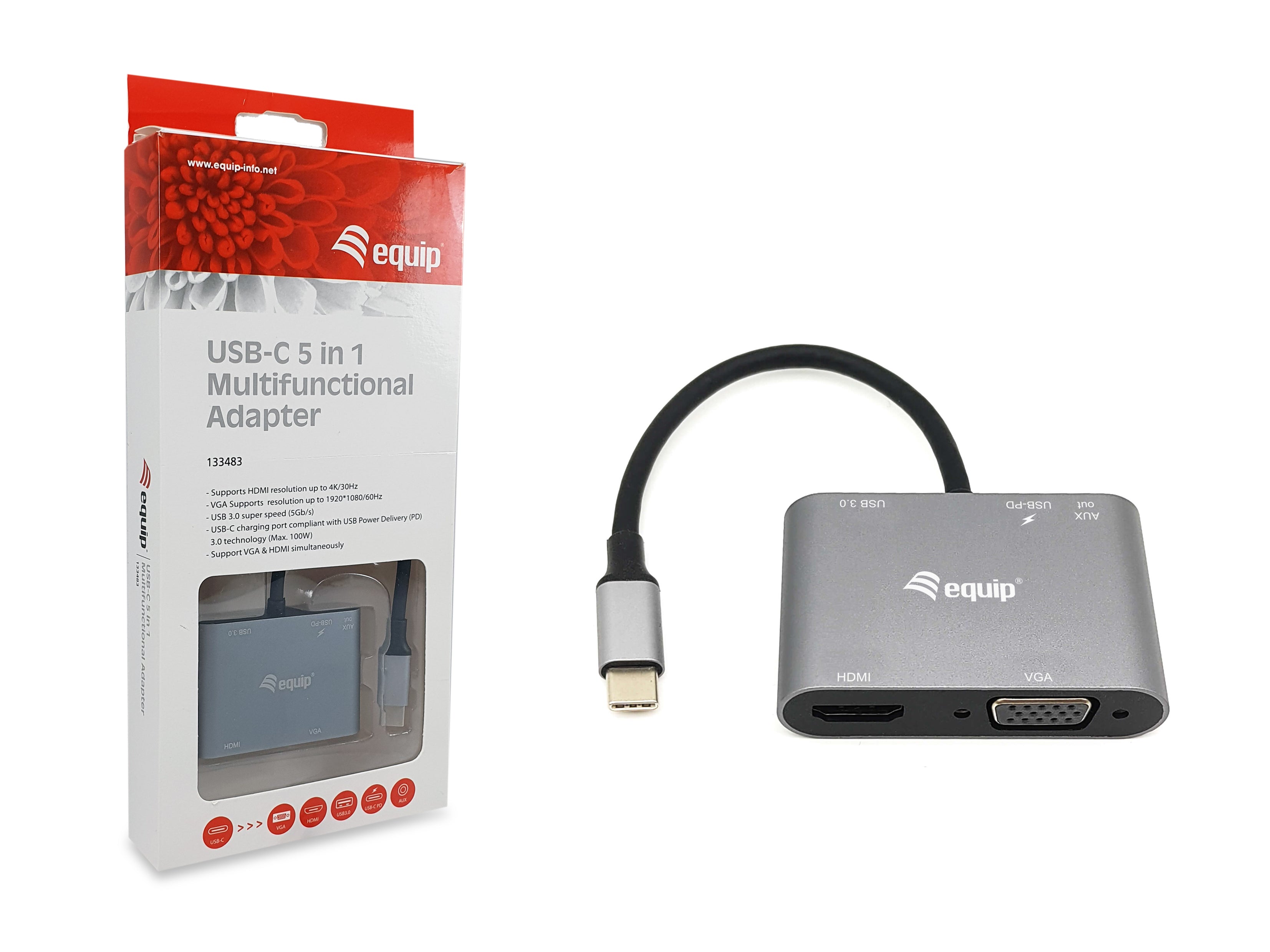 Equip Hub Type-C to VGA HDMI Adapter 5-in-1 4K 100W PD