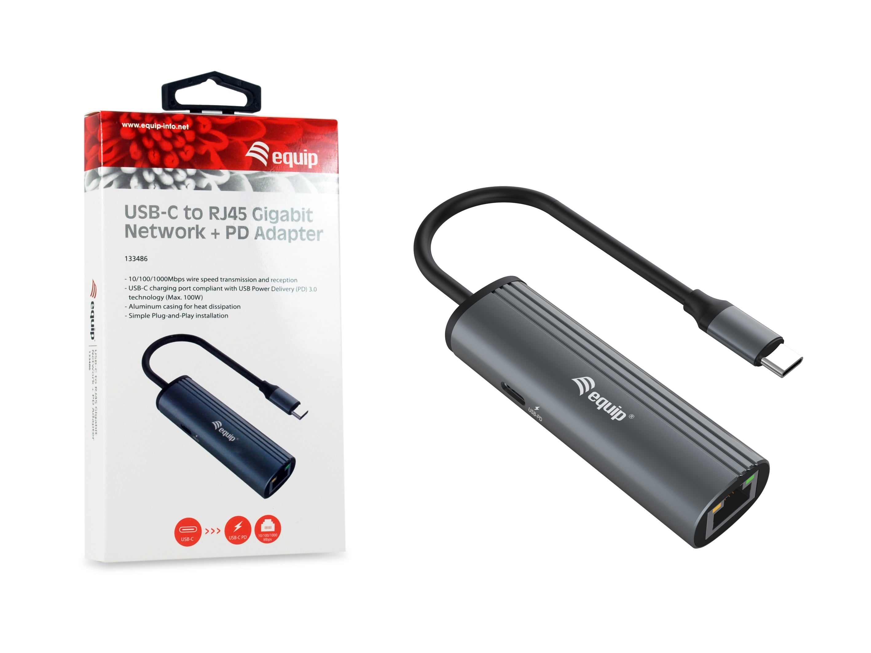 Equip USB-C to RJ45 Gigabit Ethernet Adapter with Power Delivery