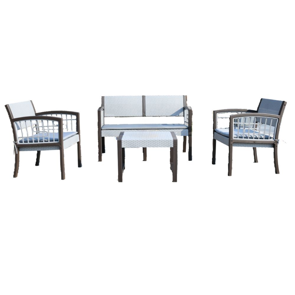 Seagull Ancona 4 Seater Set Flat Artificial Rattan Weave
Two Seater Size: 112*60*76cm One Seater Size 58*60*76cm Coffee Table: 58*51*42cm
Cushions: 2cm Thickness In Dark Grey