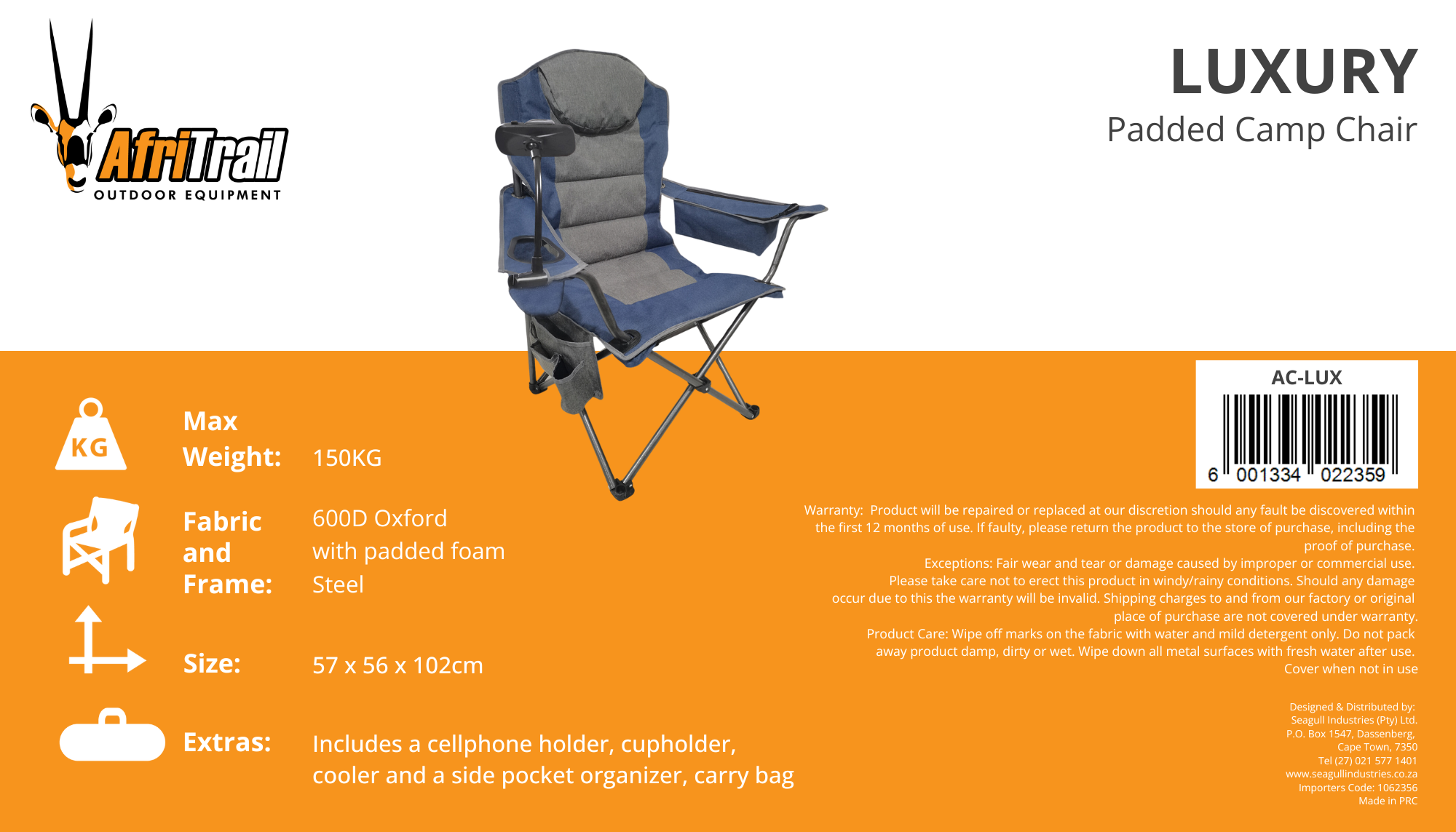 Afri Trail Luxury Padded Camp Chair 150kg