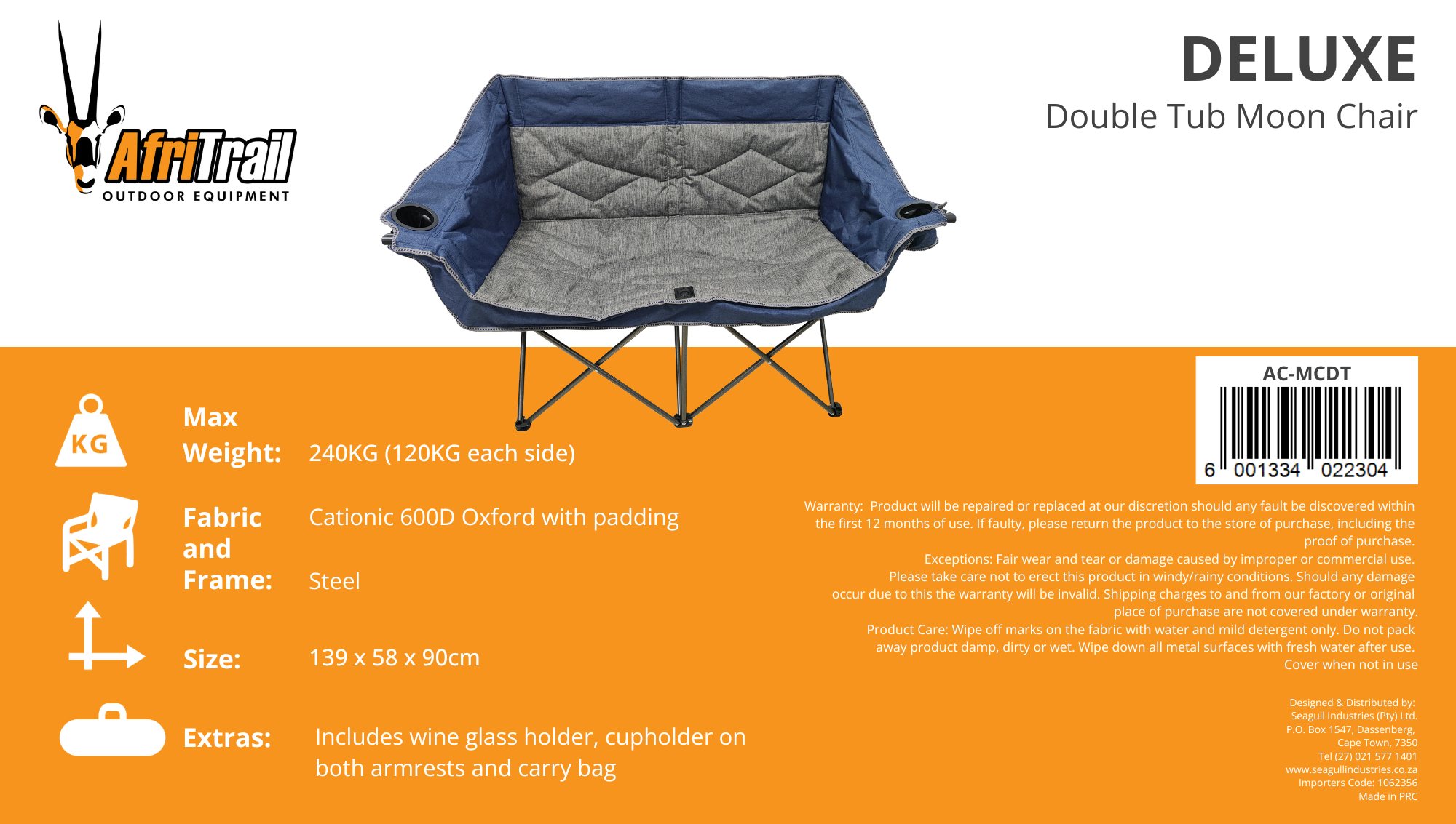 Afri Trail Deluxe Double Tub Moon Chair 150kg