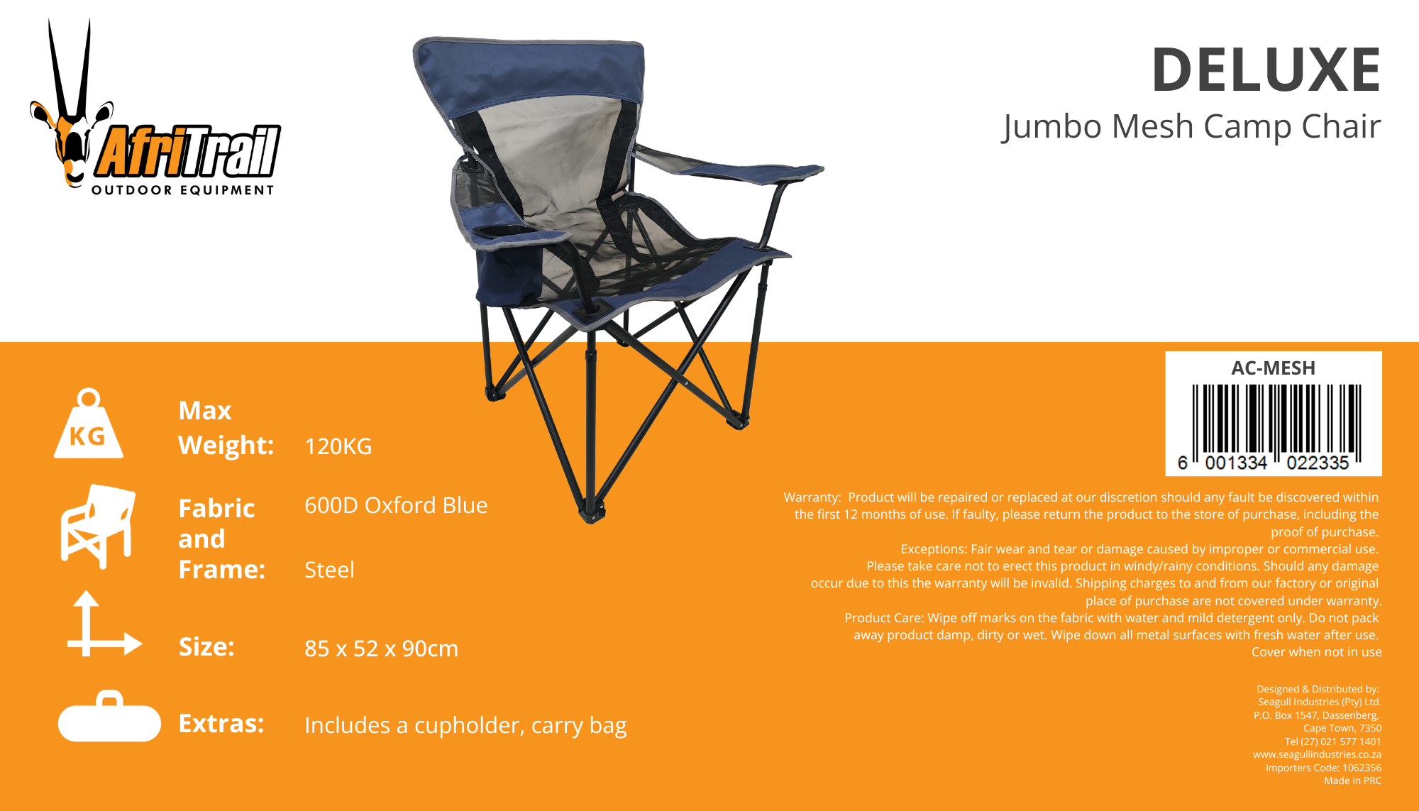 Afri Trail Deluxe Jumbo Mesh Camp Chair 120kg