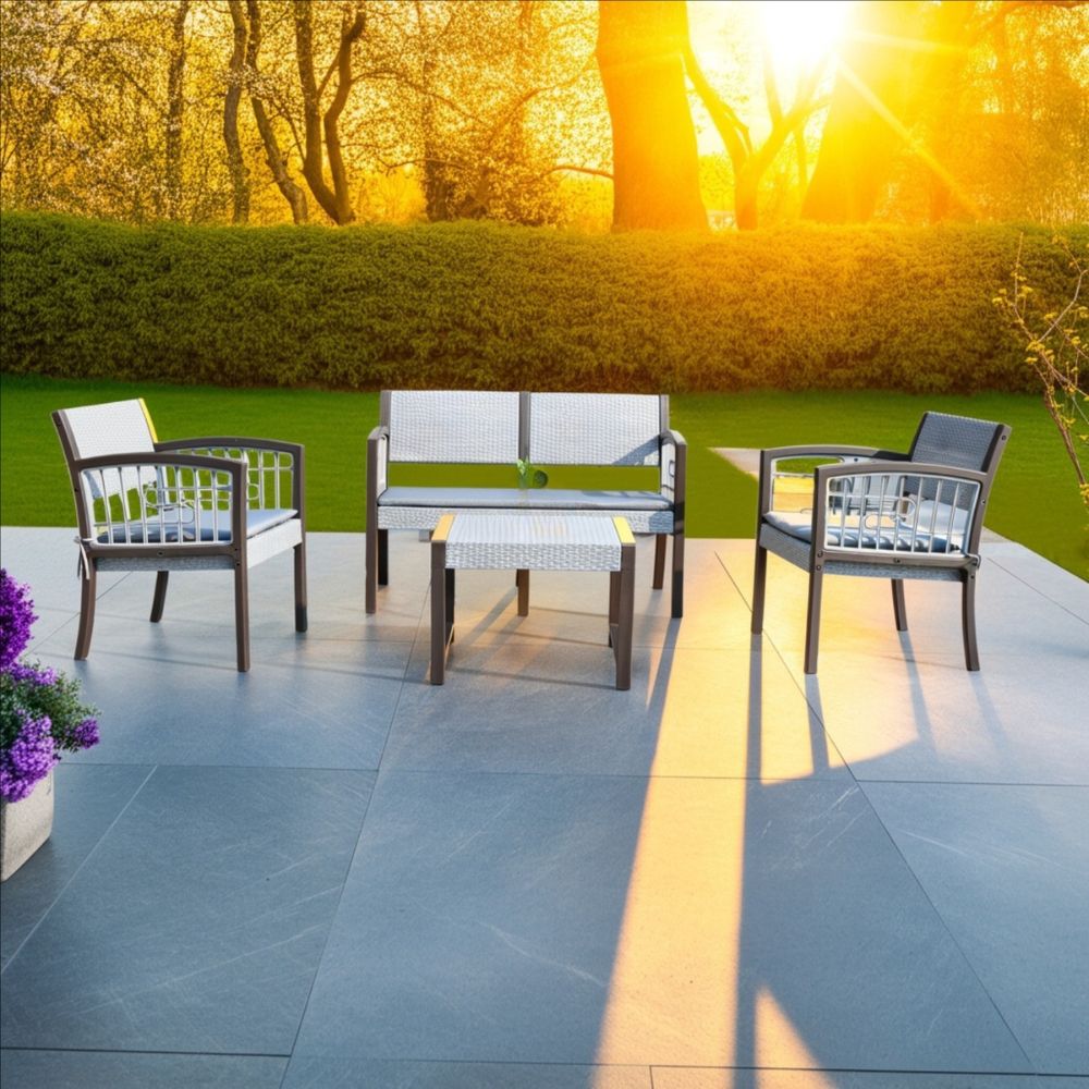 Seagull Ancona 4 Seater Set Flat Artificial Rattan Weave
Two Seater Size: 112*60*76cm One Seater Size 58*60*76cm Coffee Table: 58*51*42cm
Cushions: 2cm Thickness In Dark Grey