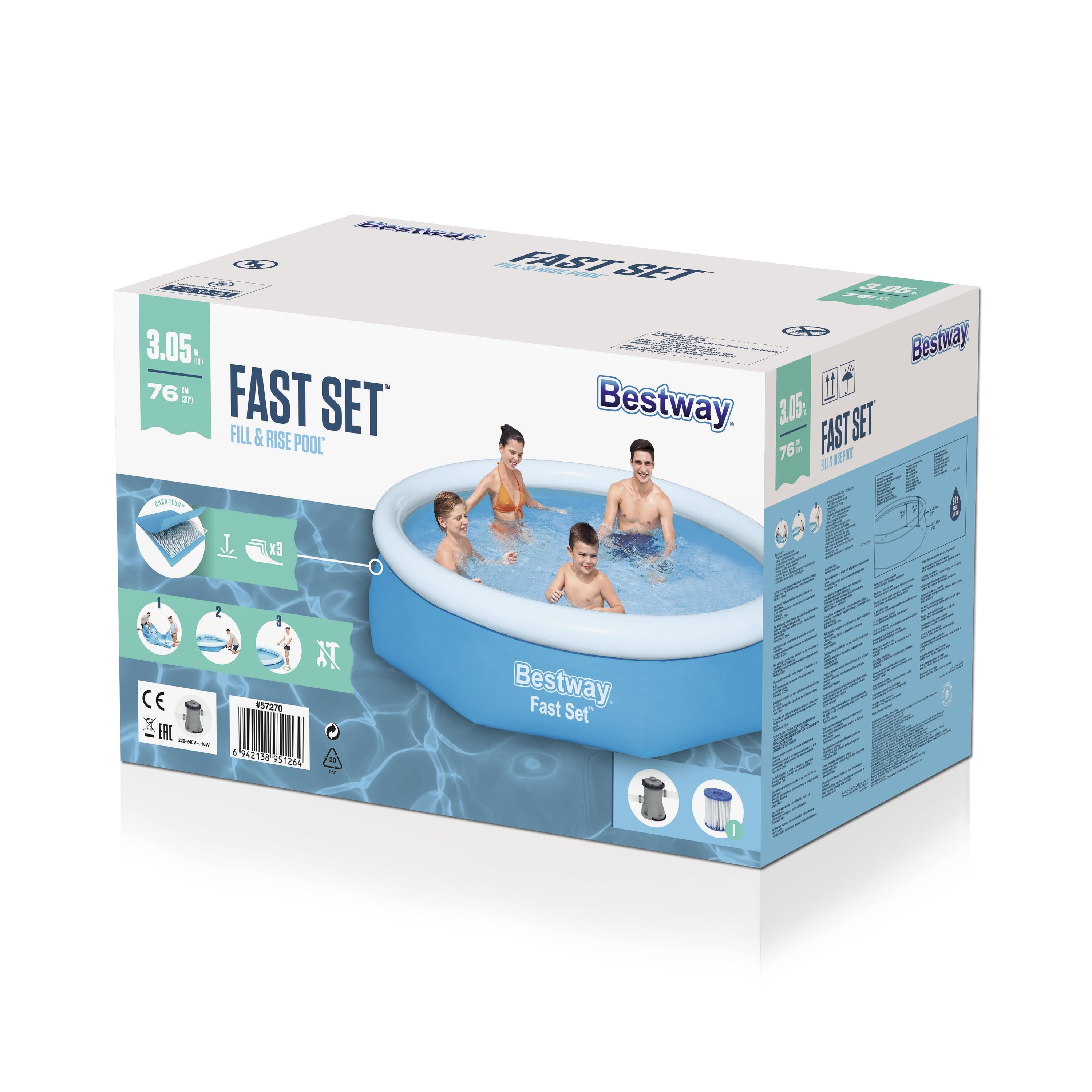Bestway 305cm X 76cm Fast Set Poo Set With Pump 3,800 L