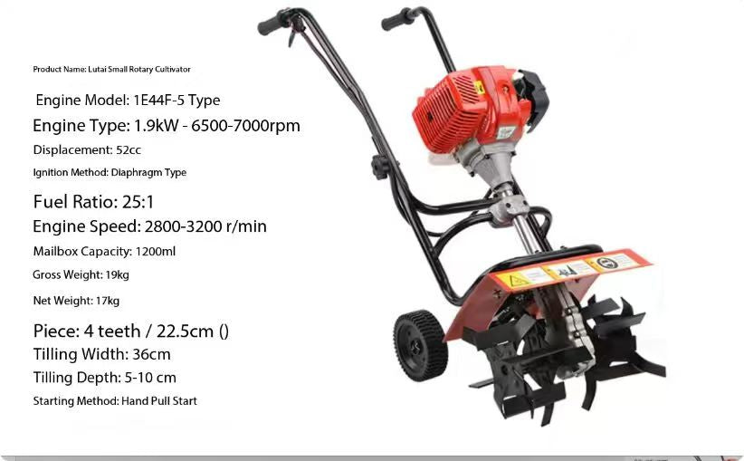 Petrol Tiller Displacement: 52cc 4 Teeth Tilling Width : 36cm Tilling Depth : 5-10cm