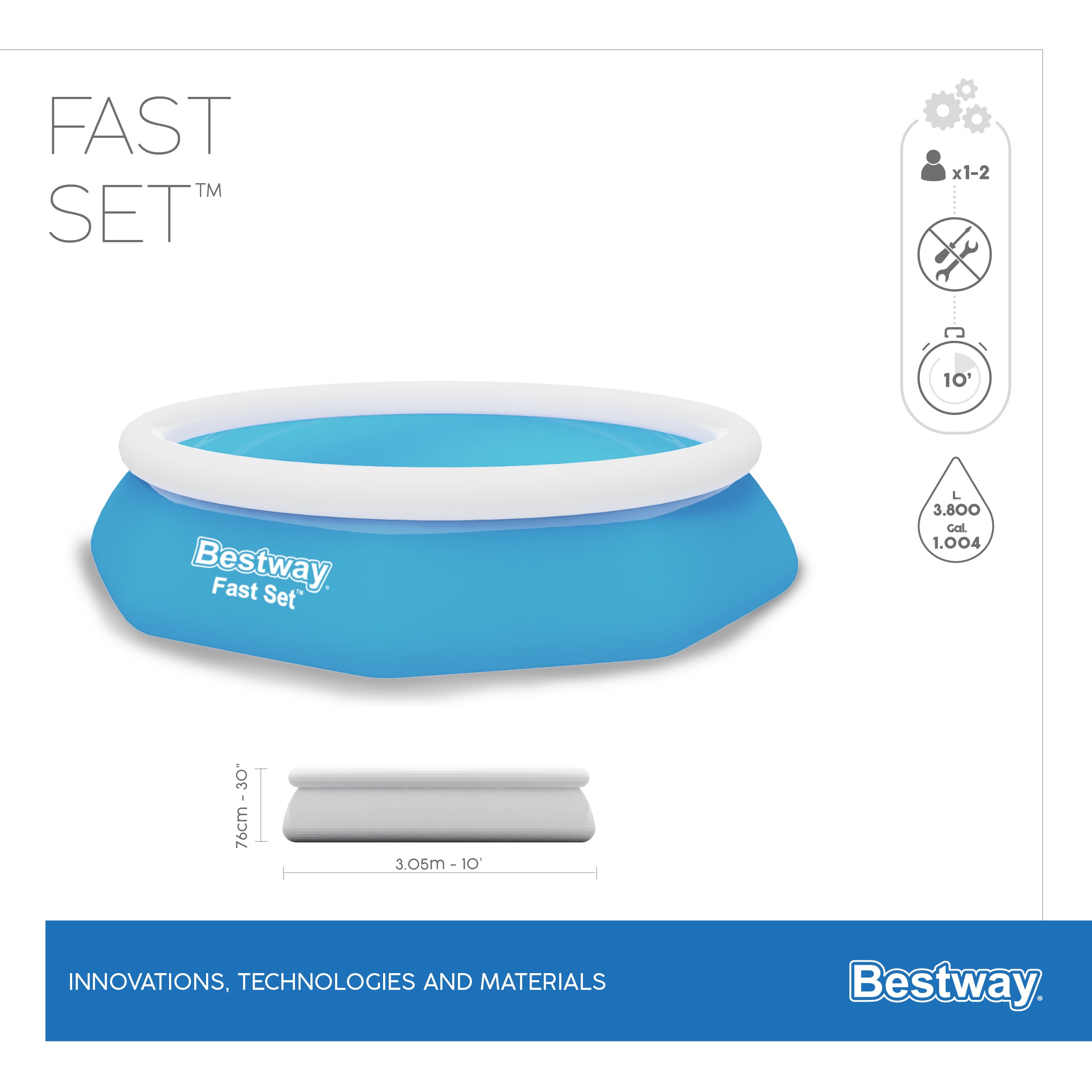 Bestway 305cm X 76cm Fast Set Poo Set With Pump 3,800 L