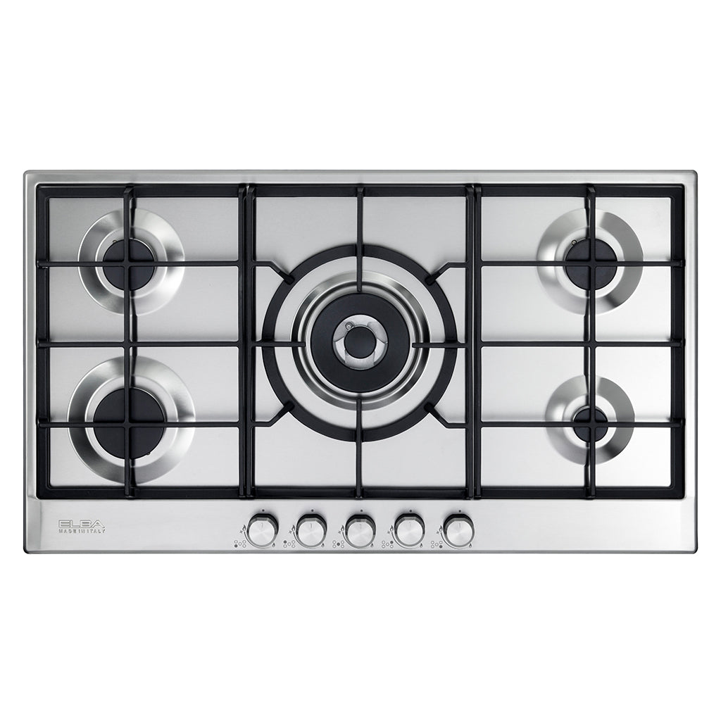Elba Elio 90Cm 5 Burner Gas Hob With Centre Wok Burner- Stainless Steel