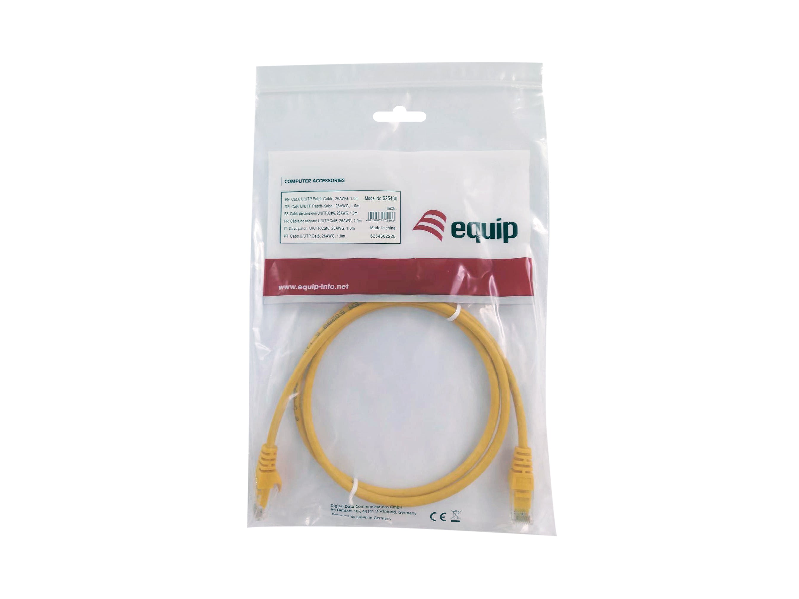 Equip Cat6 U/UTP Patch Cable 1M Yellow 100MHz 26AWG Gold Plated