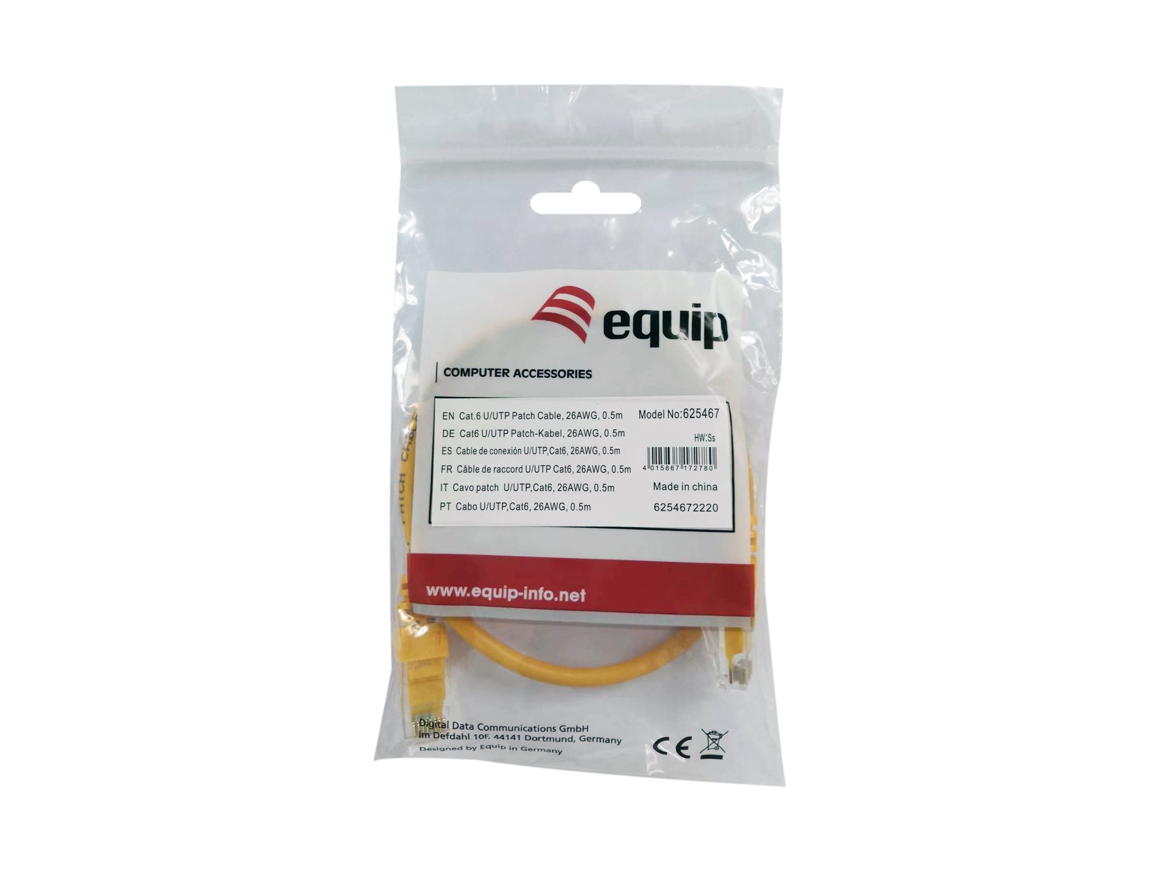Equip Cat6 U/UTP Patch Cable 1M Yellow 100MHz 26AWG Gold Plated