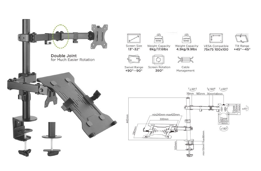 Equip Articulating Dual Arm Desk Mount Bracket for 13"-32" Monitors