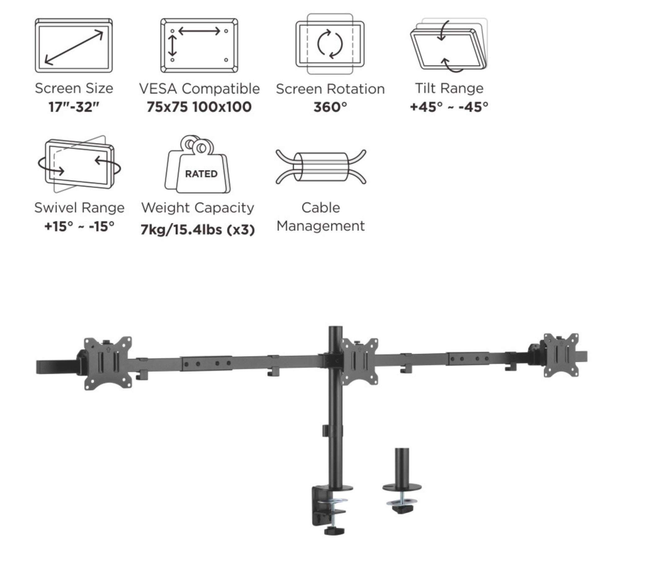 Equip 17-32" Articulating Triple Monitor Desk Mount Bracket